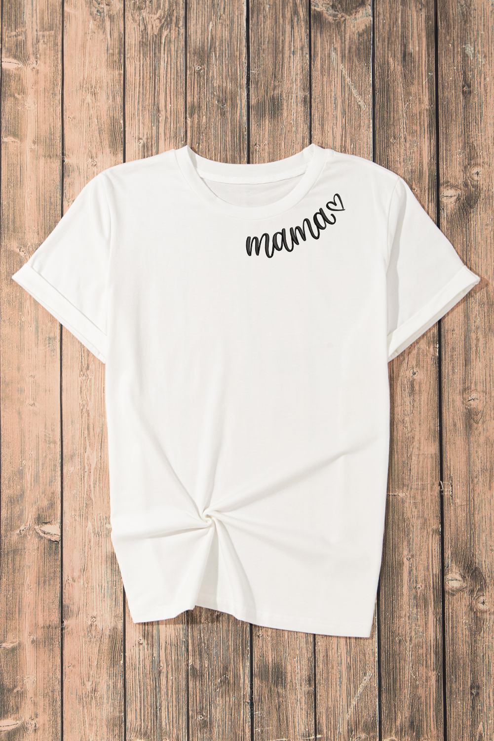 White mama Heart Embroidered Crew Neck T Shirt - loveforevers