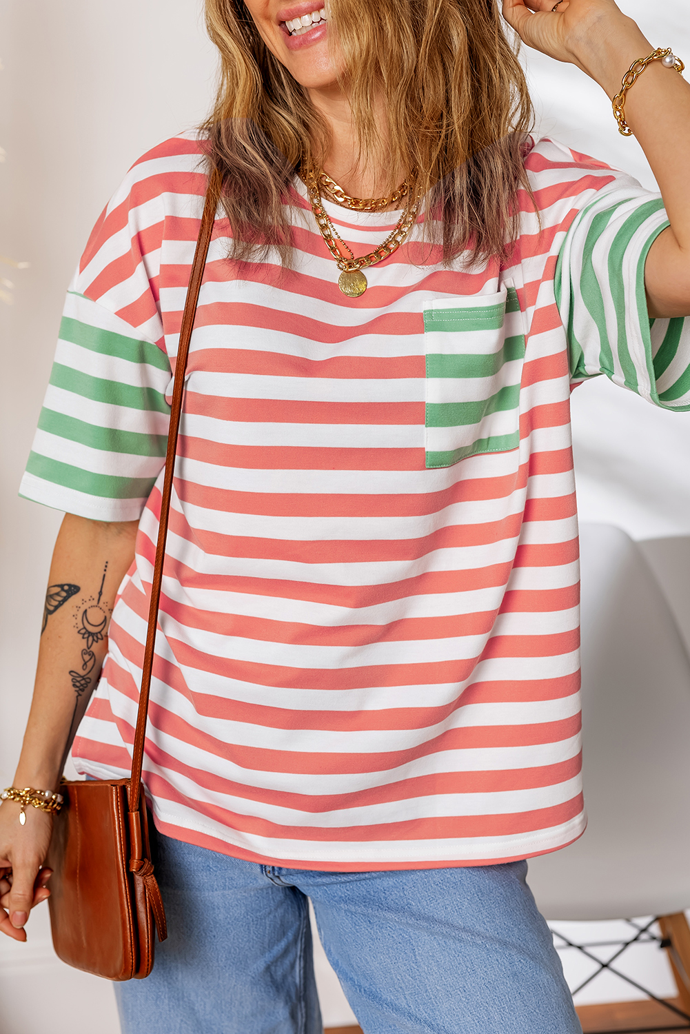 Pink Stripe Drop Shoulder Casual T Shirt - loveforevers