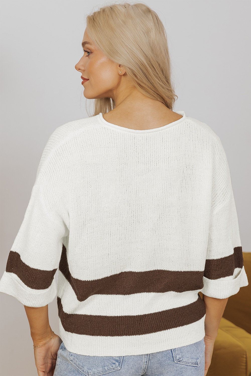 Brown Striped Accent Notched V Neck Cropped Sweater T Shirt - loveforevers