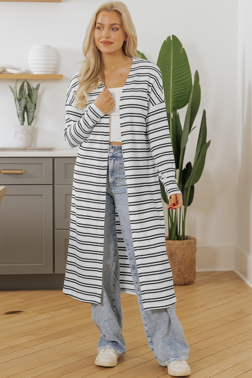 Black Stripe Print Open Front Duster Cardigan - loveforevers
