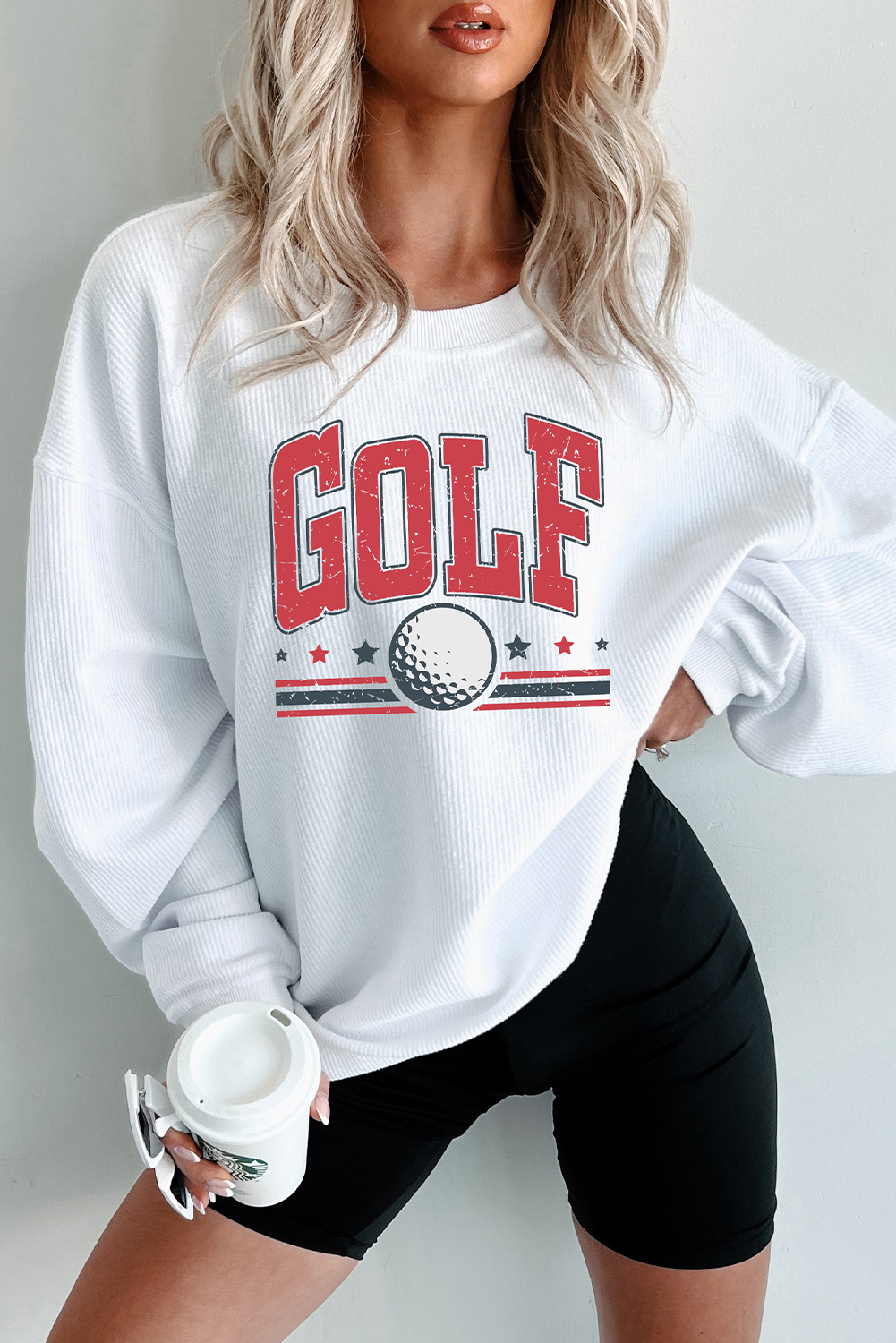 White GOLF Ball Print Ribbed Drop Shoulder Baggy Sweatshirt - loveforevers