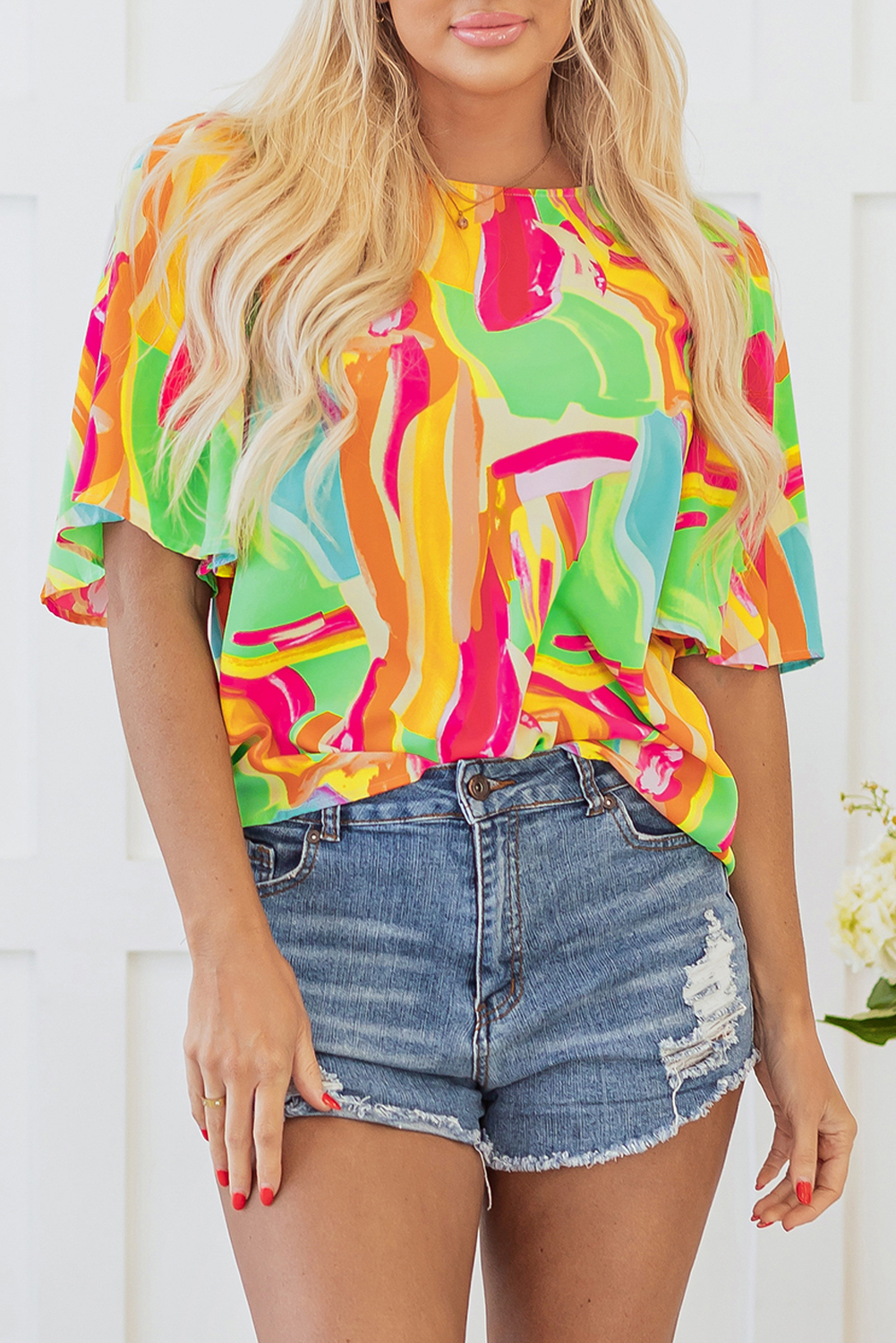 Multicolour Abstract Print Keyhole Back Pleated Half Sleeve Blouse - loveforevers
