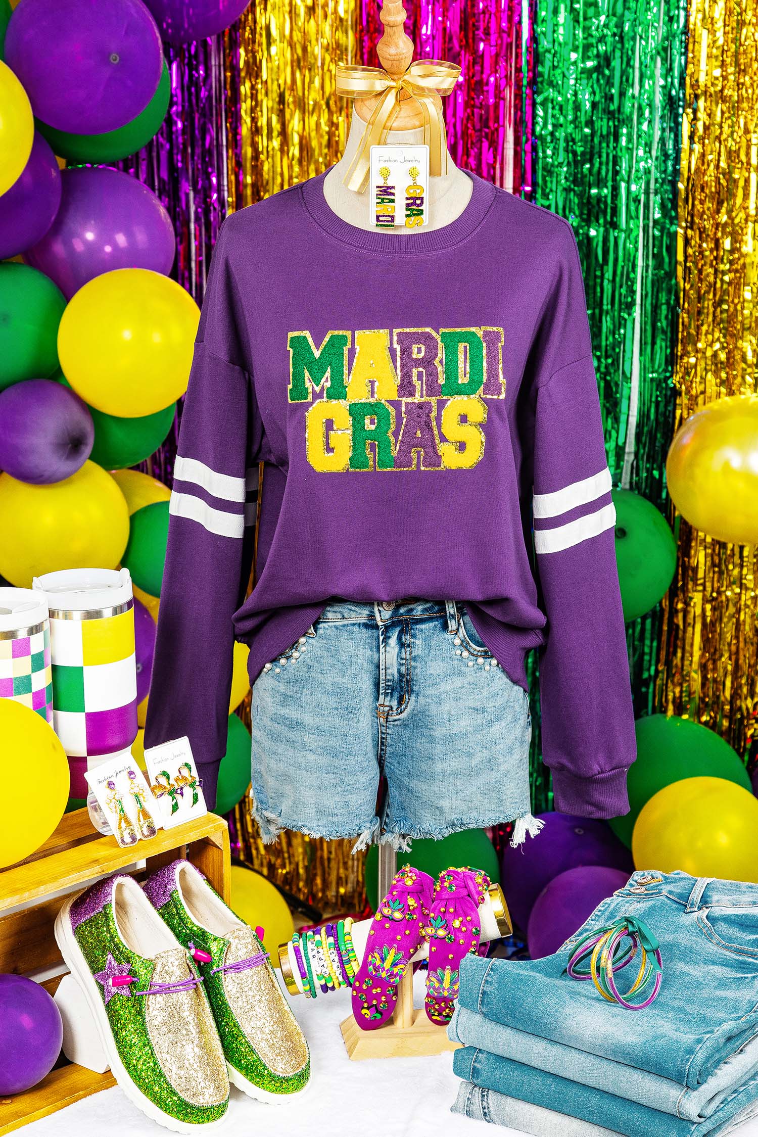 Tillandsia Purple Mardi Gras Patched Graphic Varsity Sweatshirt - loveforevers