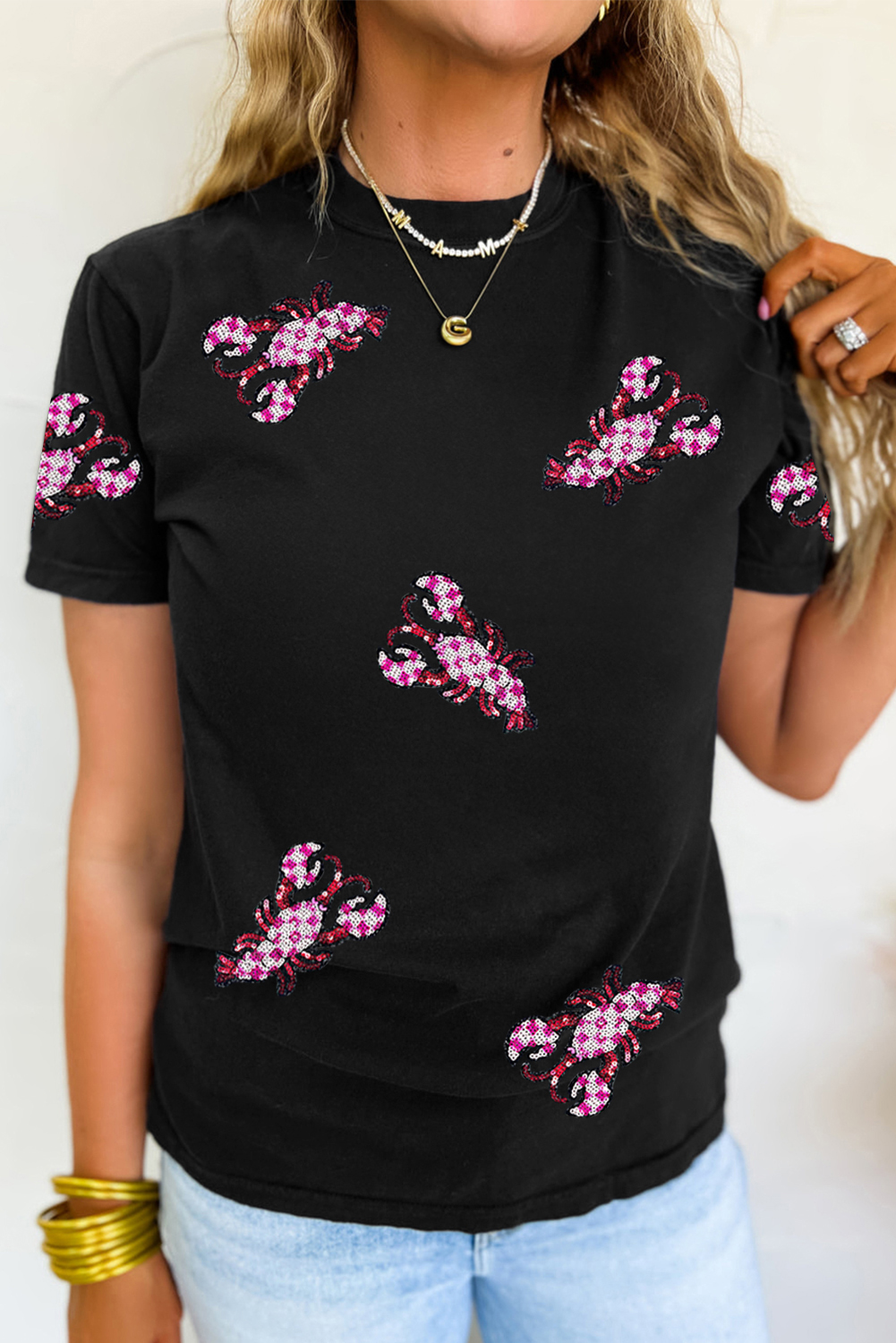 Black Sequin Crawfish Patched Crew Neck Tee - loveforevers