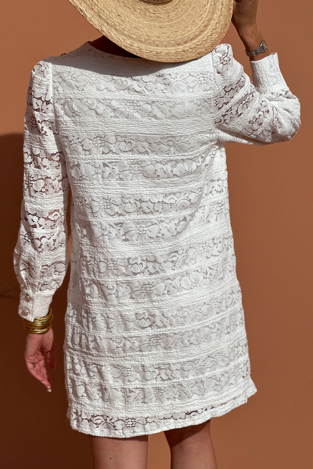 White Lace Crochet Round Neck Puff Sleeve Shift Mini Dress - loveforevers