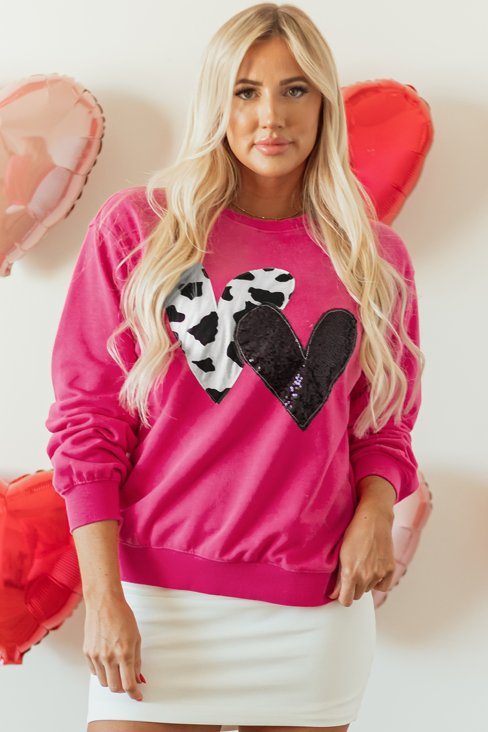 Strawberry Pink Cow & Sequin Double Heart Patch Graphic Sweatshirt - loveforevers