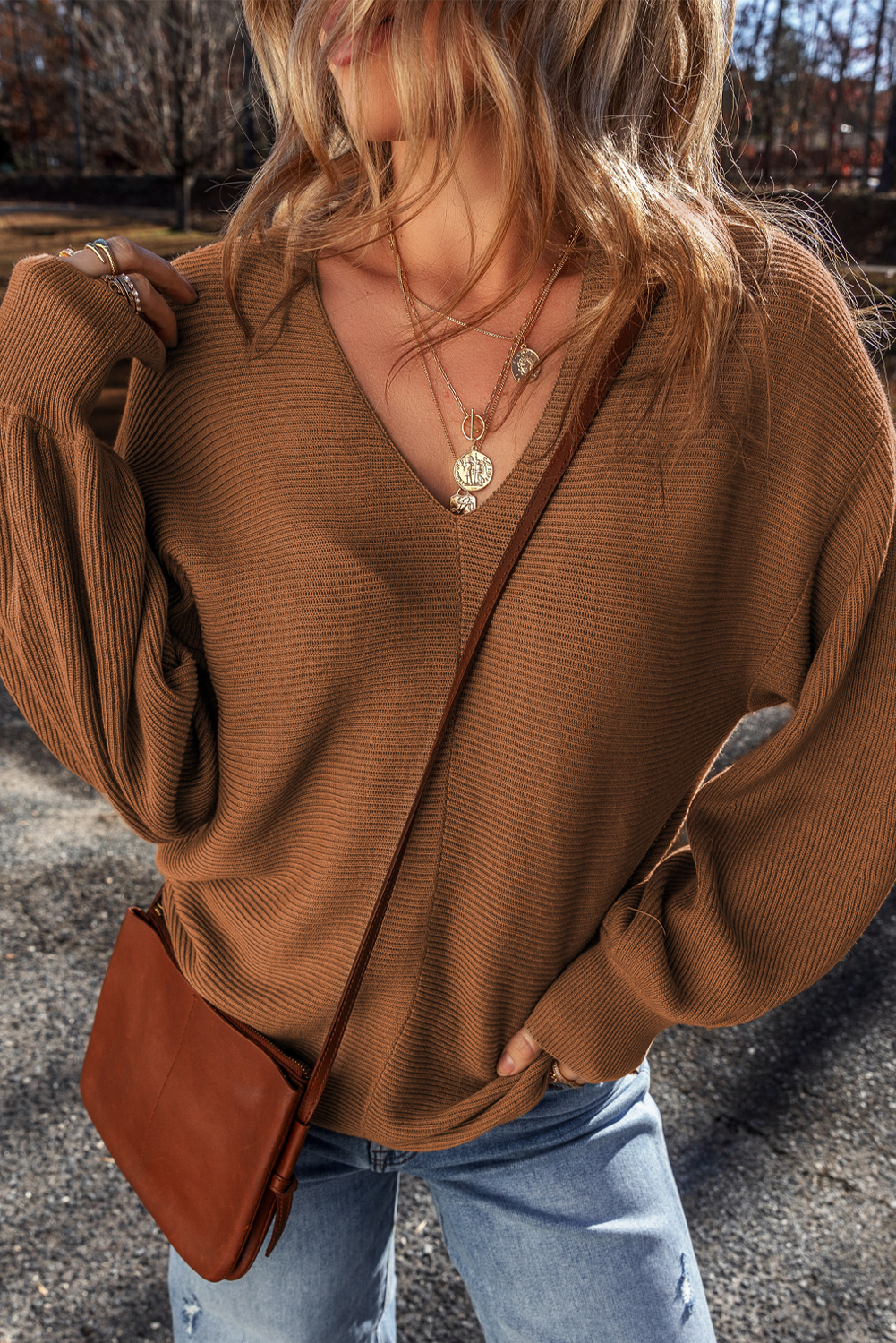 Camel Ribbed Knit Drop Sleeve V Neck Loose Fit Sweater - loveforevers