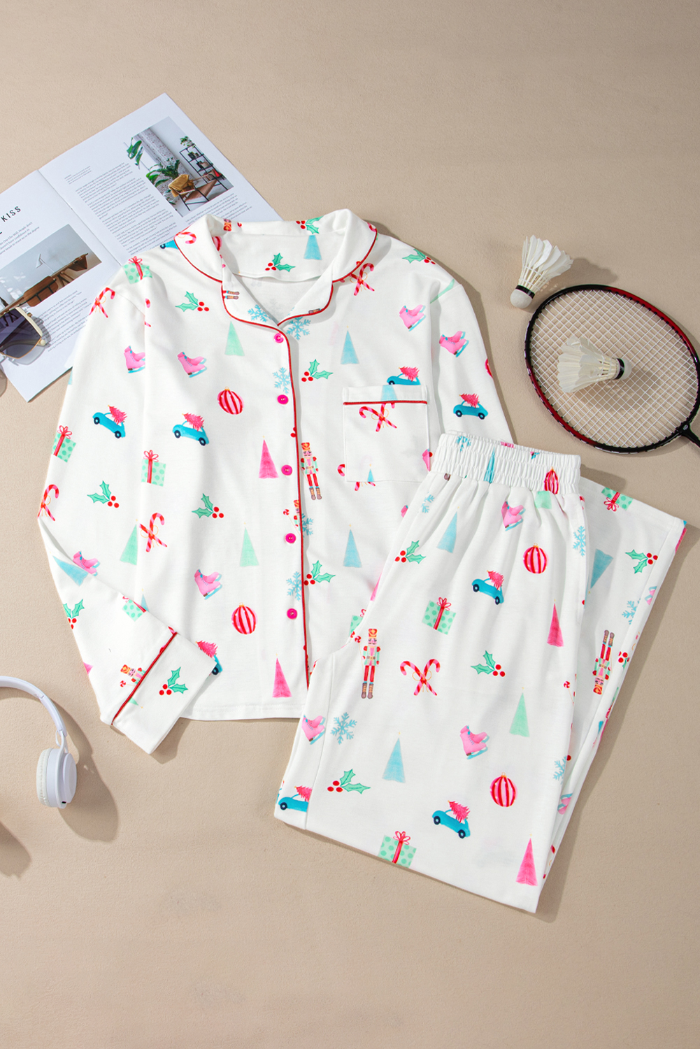 White Christmas Print Lapel Shirt and Pants Sleepwear - loveforevers