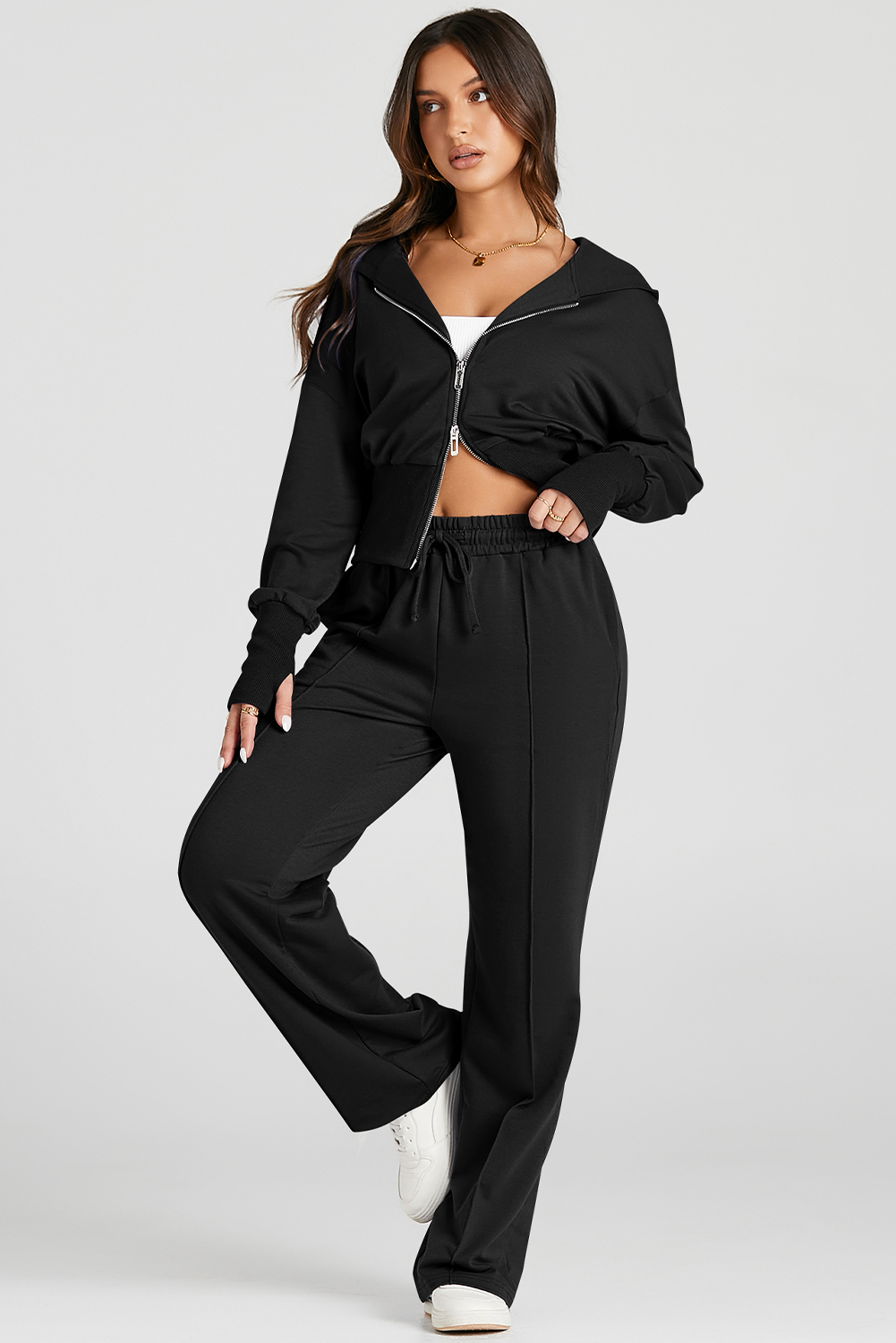 Gray Double Zipper Hooded Jacket and Sweatpants Active Set - loveforevers