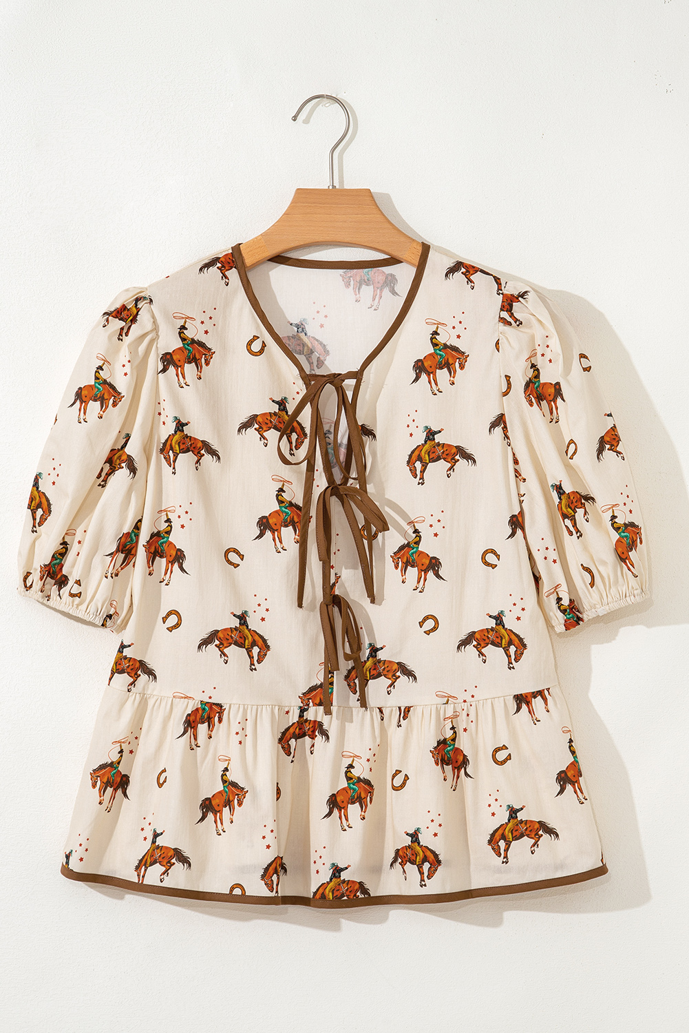 Apricot Cowboy Print Puff Sleeve Bowknot Peplum Blouse - loveforevers