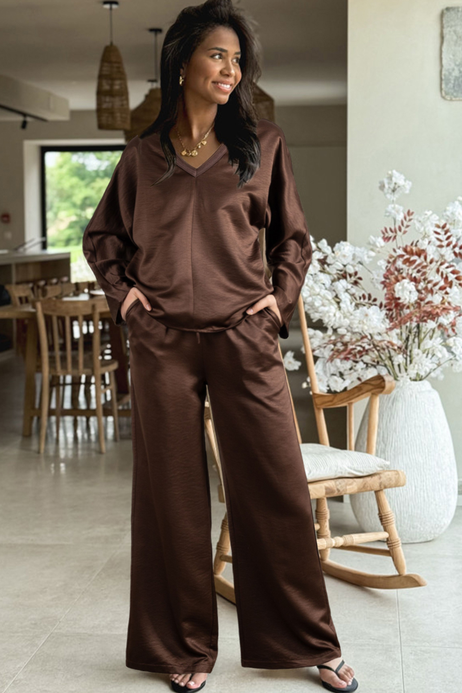 Dark Brown Braided V Neck Long Sleeve Loose Top and Drawstring High Waist Pants 2pcs Outfit - loveforevers