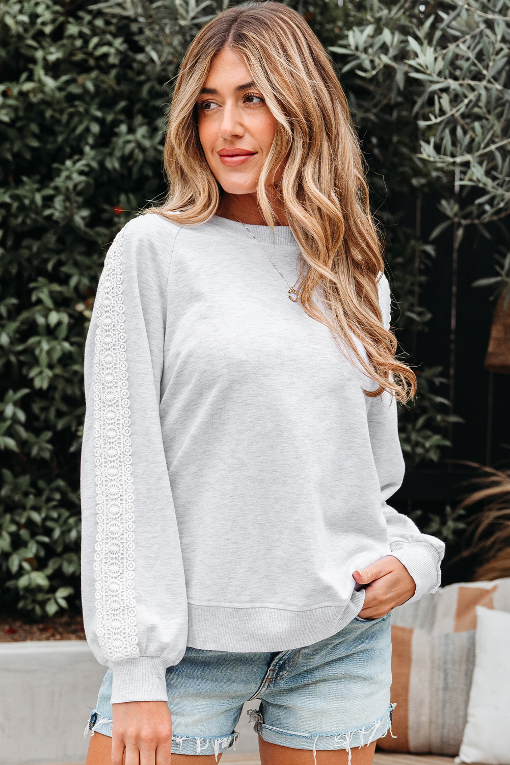 Light Grey Lace Patchwork Raglan Sleeve Crew Neck Sweatshirt - loveforevers