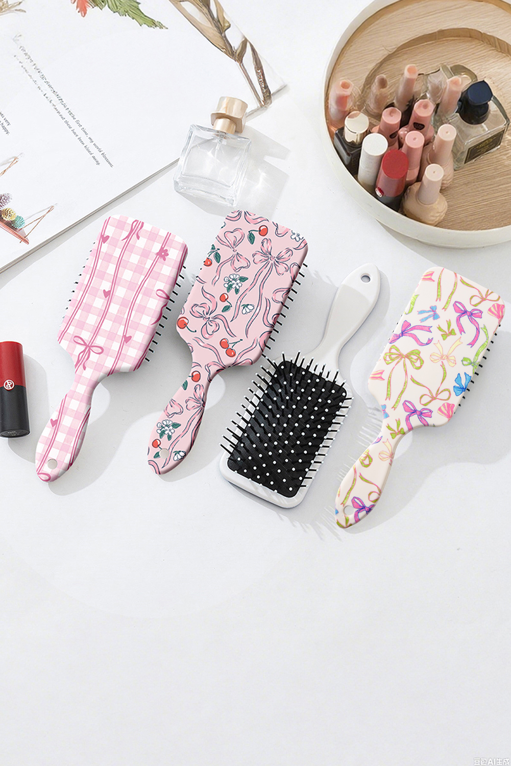 White Multi Ribbon Bow Print Air Cushion Comb - loveforevers