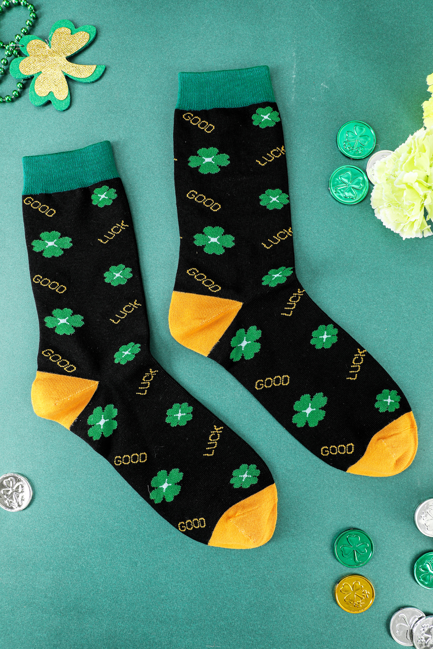 Dark Green GOOD LUCK St Patrick Clover Color Block Socks  - loveforevers