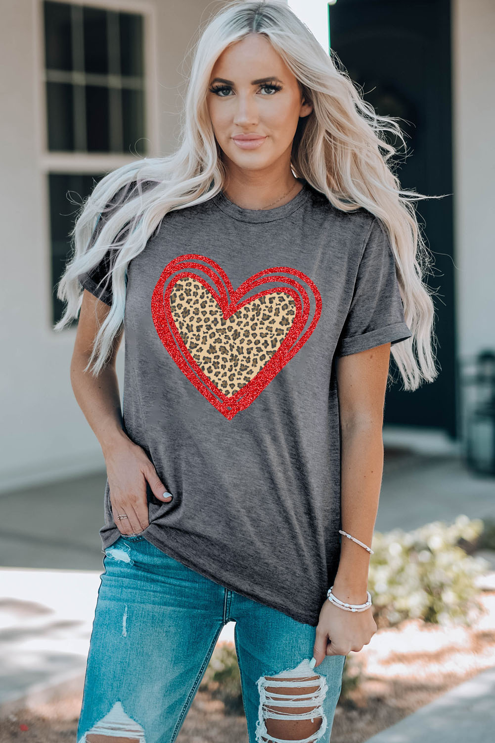 Gray Sequin Leopard Heart Graphic T-shirt - loveforevers