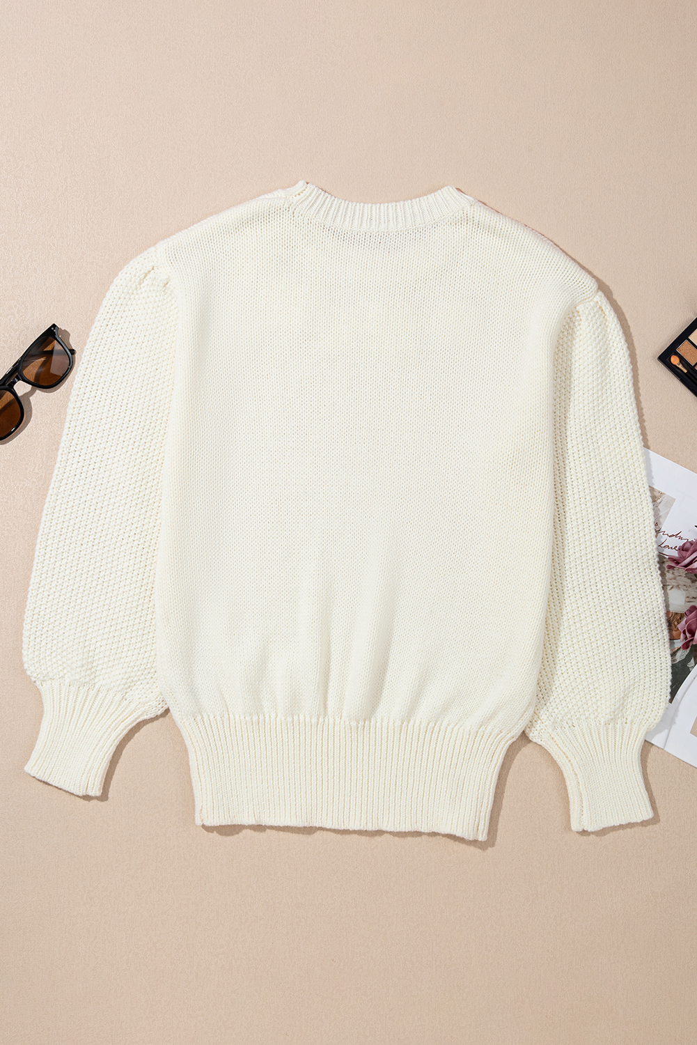 White Flower Detail Round Neck Contrast Textured Puff Sleeve Sweater - loveforevers