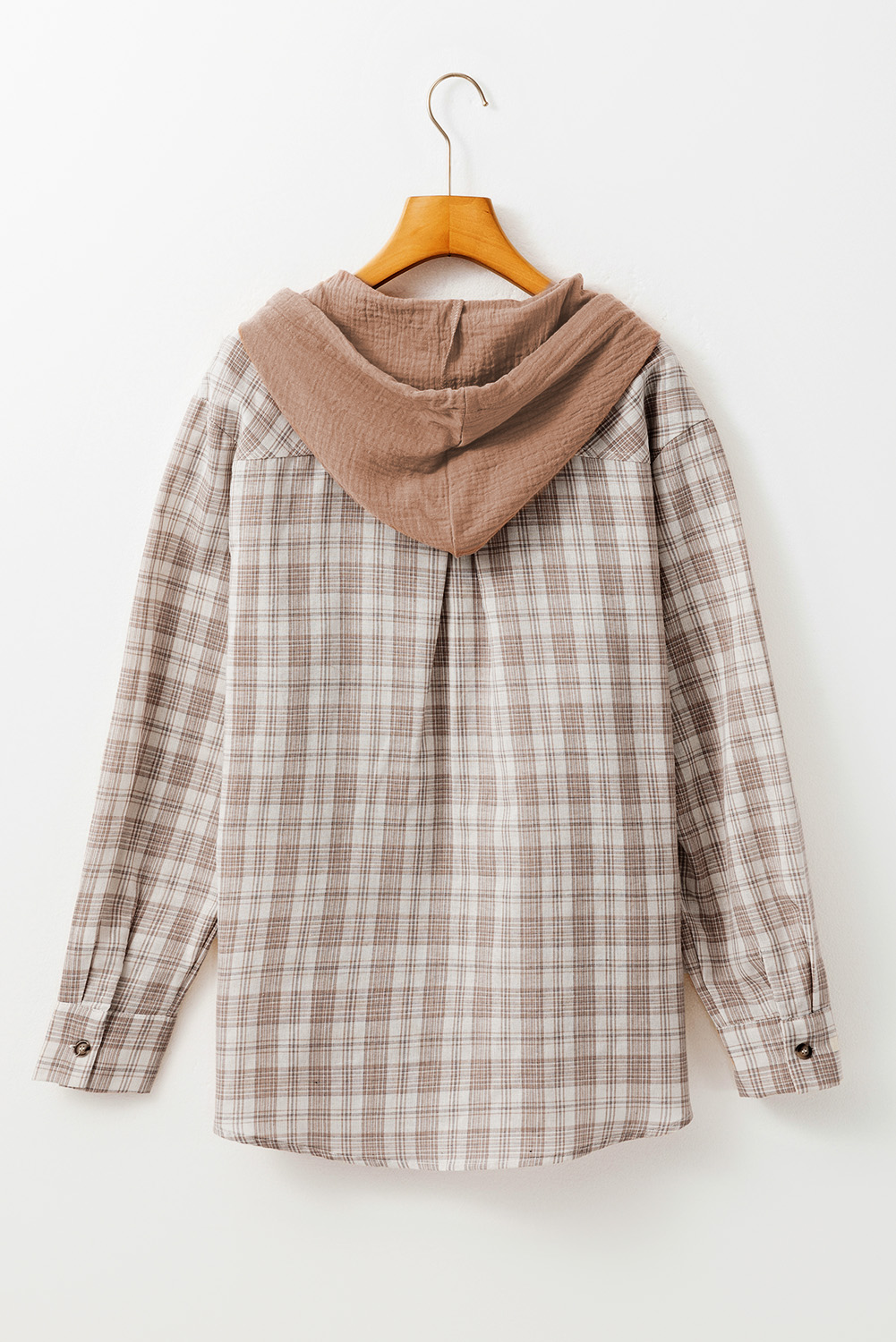 Khaki Checkered Print Loose Fit Buttoned Hooded Shacket - loveforevers