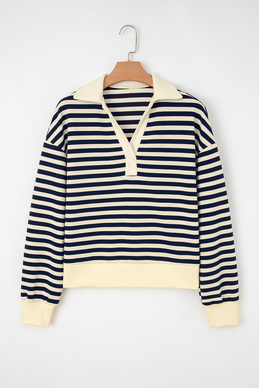 Blue Stripe Collared V Neck Long Sleeve Casual Top - loveforevers