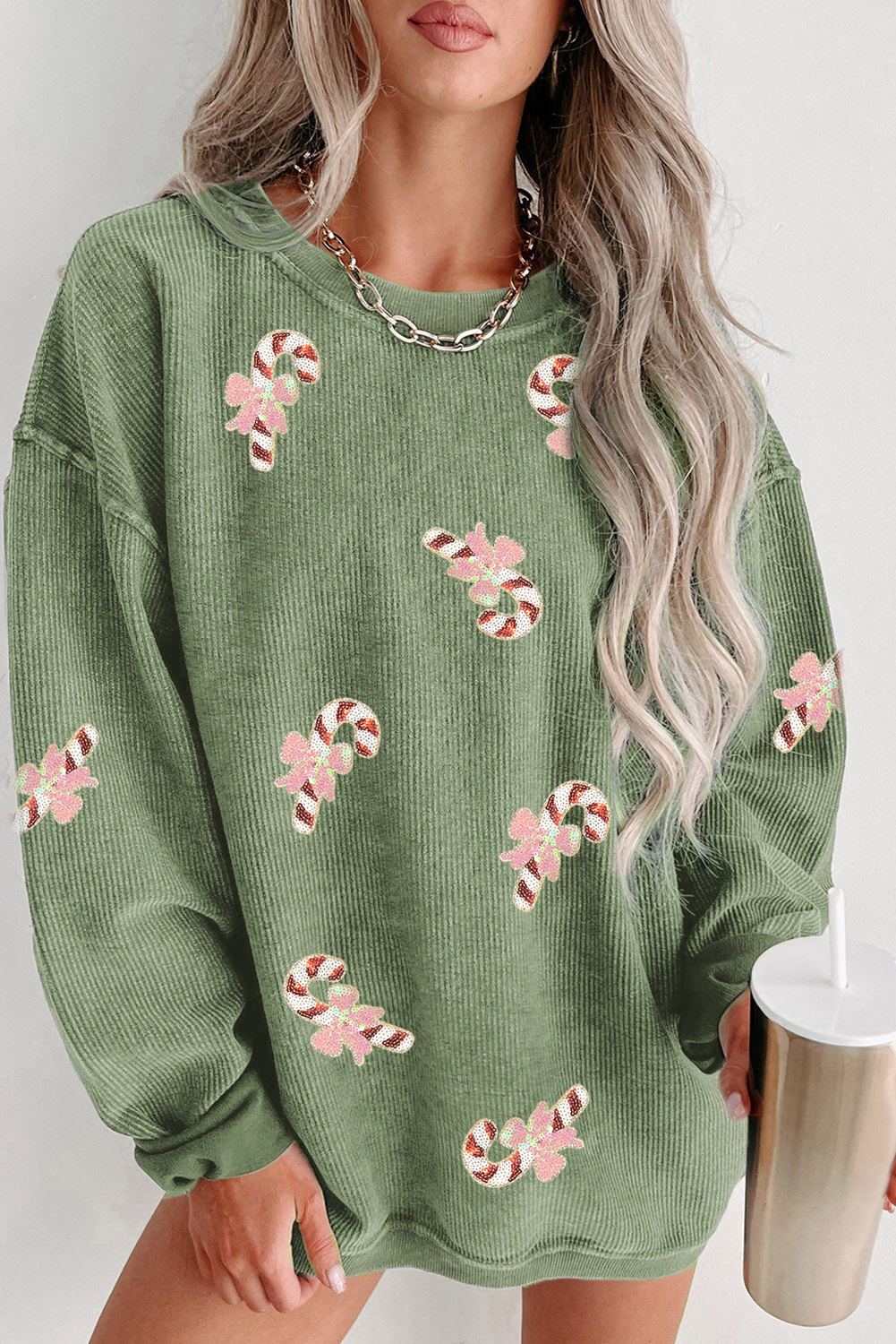 Grass Green Christmas Sequin Candy Cane Patched Corded Ribbed Baggy Sweatshirt - loveforevers