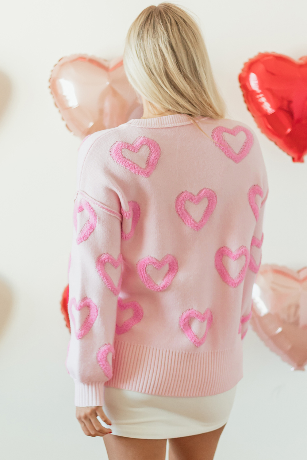 Pink Heart Shape Bubble Sleeve Baggy Sweater - loveforevers