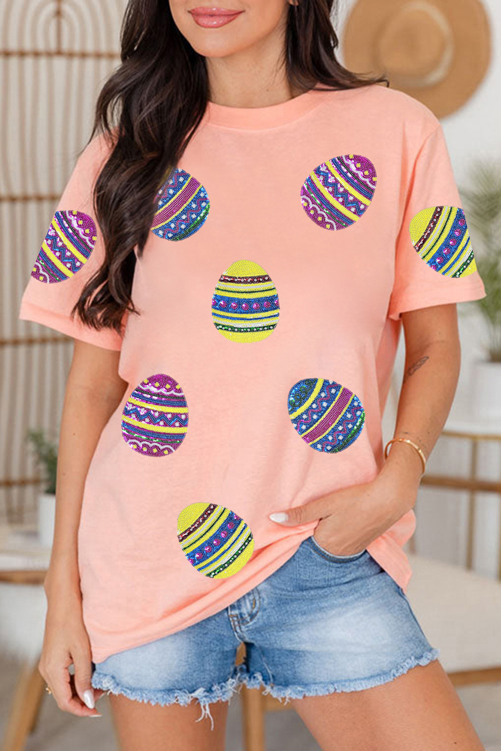 Pink Sequined Easter Egg Patched Print Holiday Tee - loveforevers