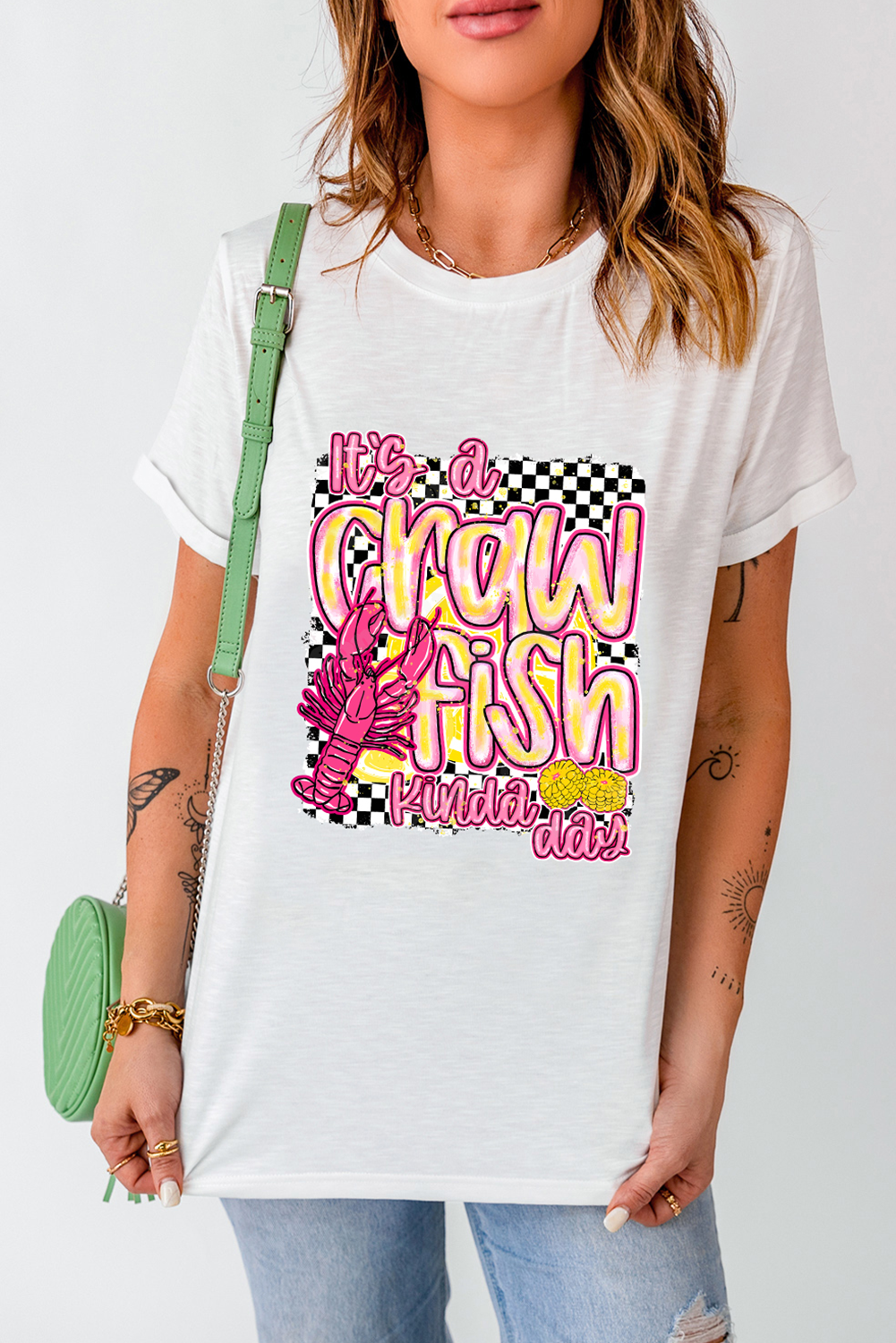 White Crawfish Checkered Pattern Graphic Tee - loveforevers