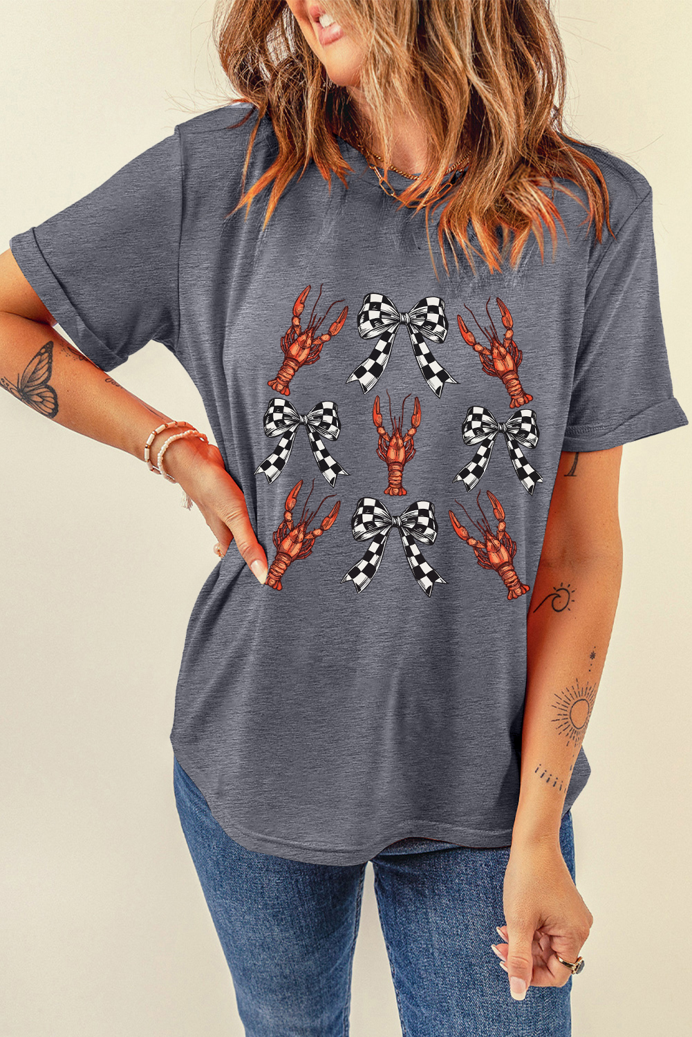 Gray Checkered Bow Crawfish Printed Summer Tee - loveforevers