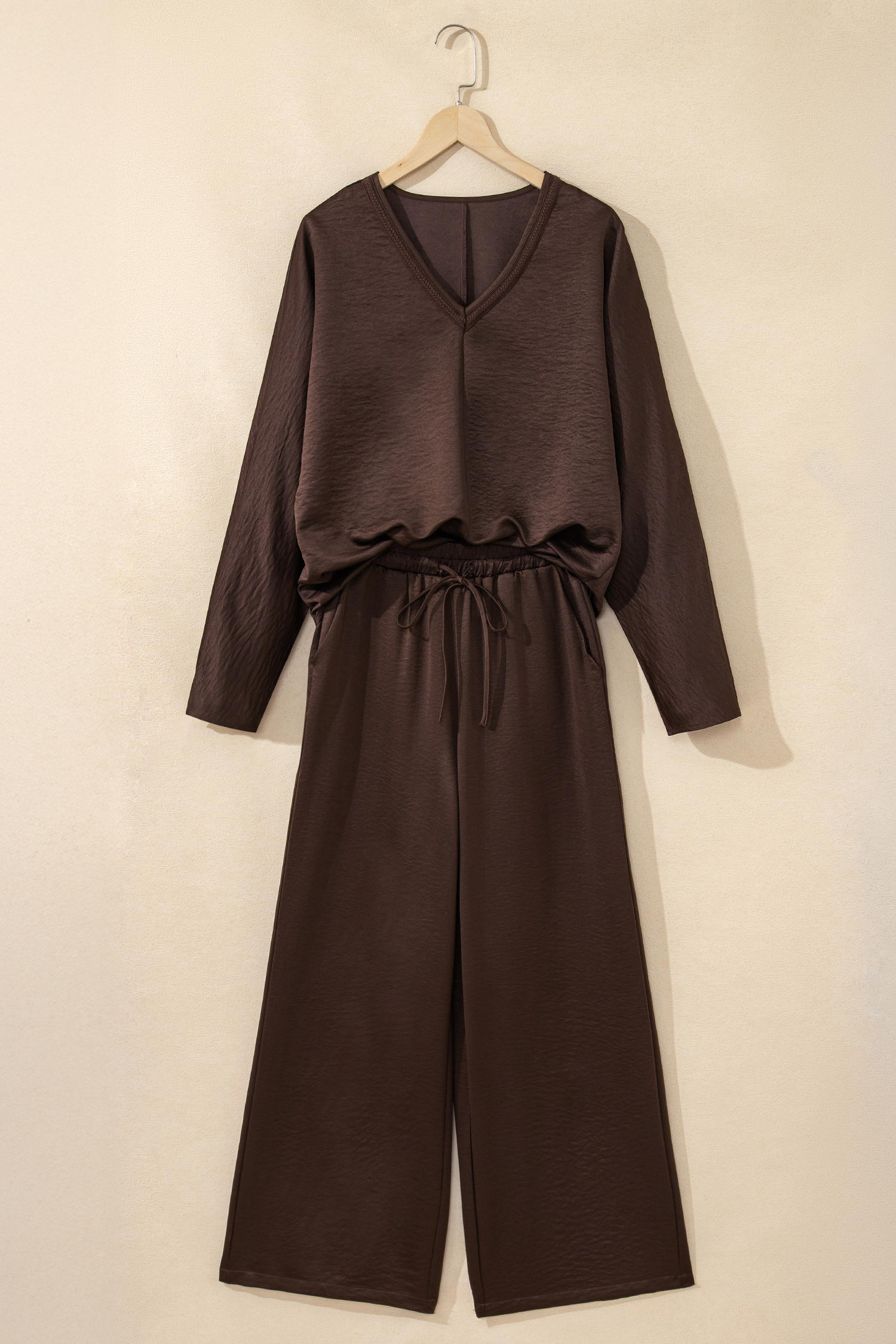 Dark Brown Braided V Neck Long Sleeve Loose Top and Drawstring High Waist Pants 2pcs Outfit - loveforevers