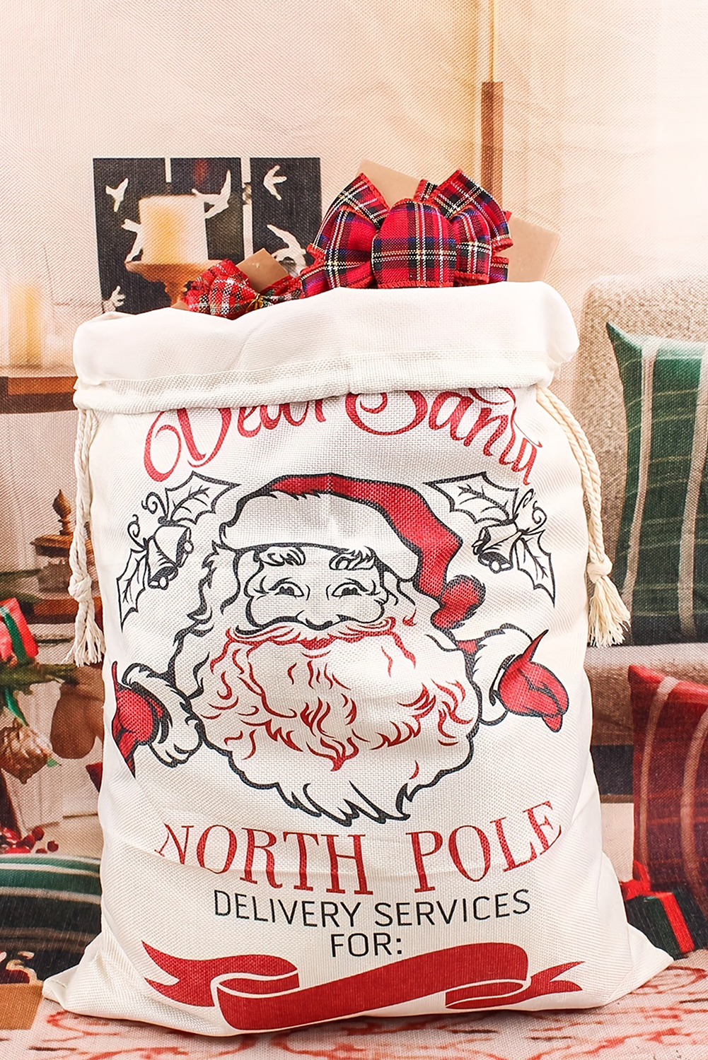 White Santa Clause Print Drawstring Closure Canvas Christmas Gift Bag - loveforevers