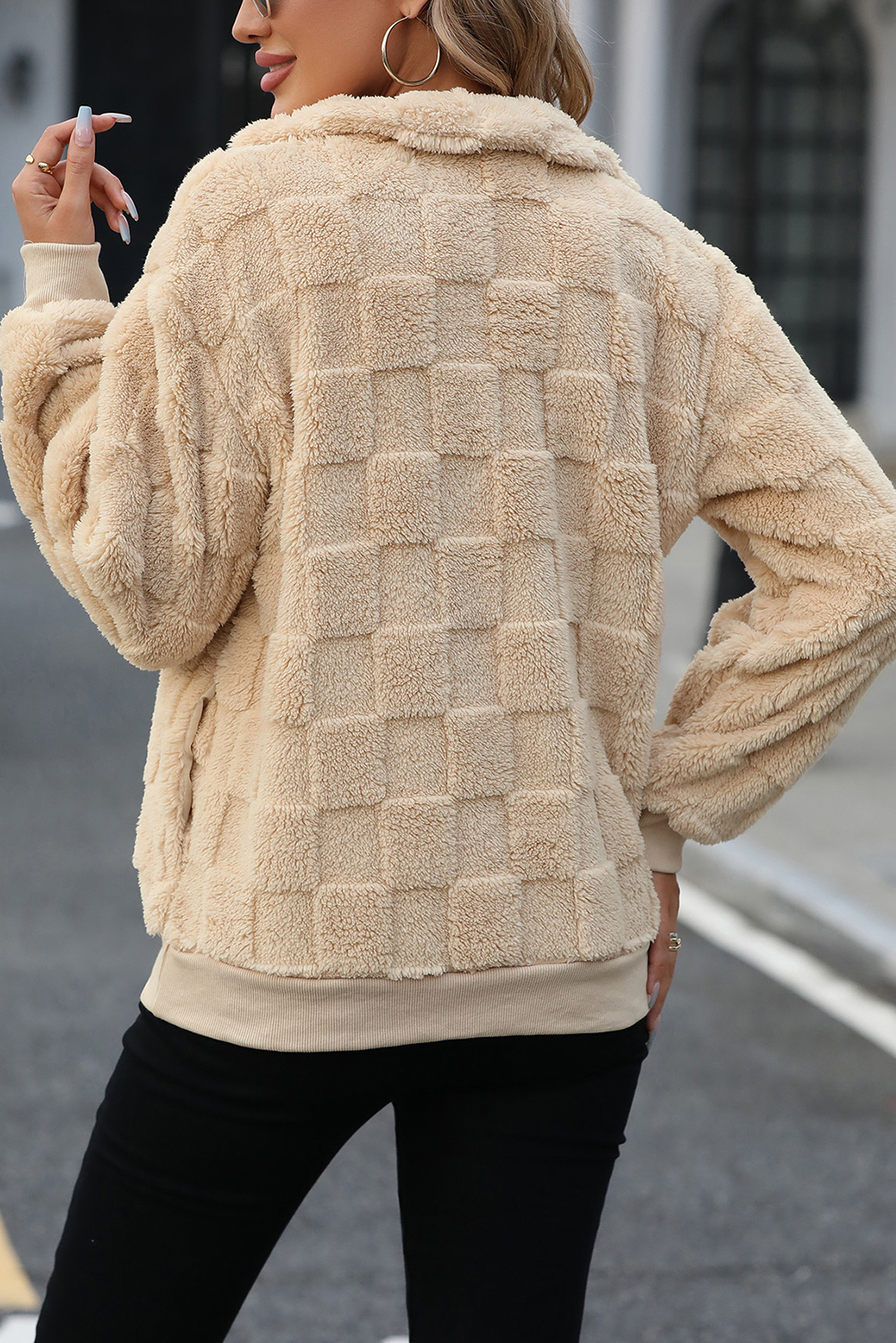 Apricot Checkered Plush Quarter Zipper Pullover Sweatshirt - loveforevers
