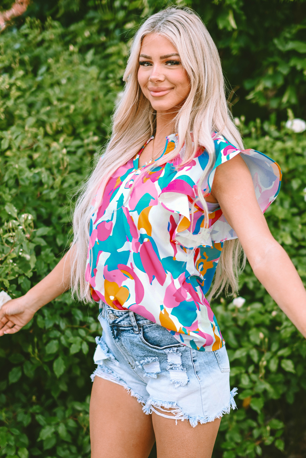 Multicolour Abstract Print Notched Neck Flutter Sleeve Blouse - loveforevers