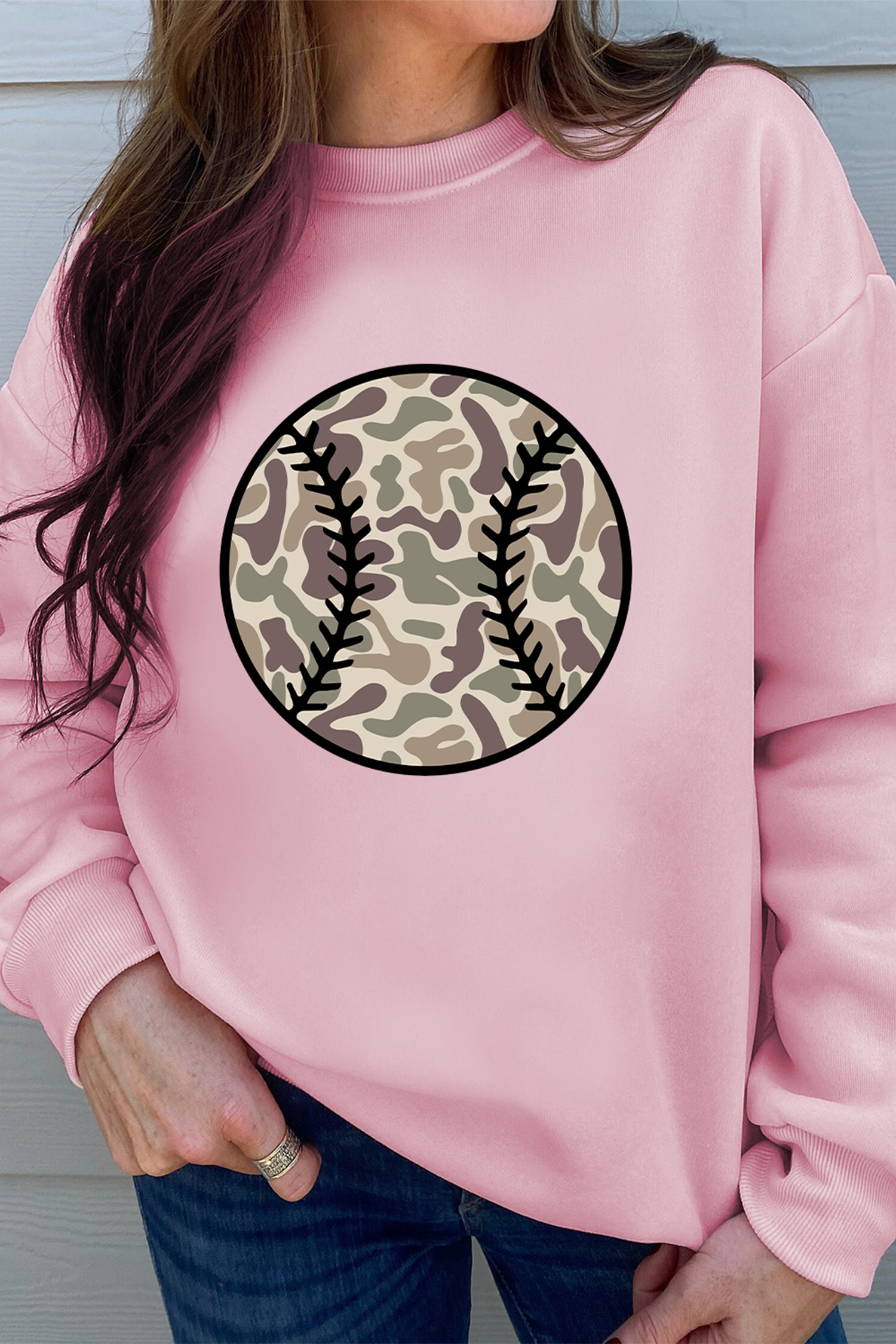 Pink Camouflage Baseball Dropped Shoulder Sweatshirt - loveforevers