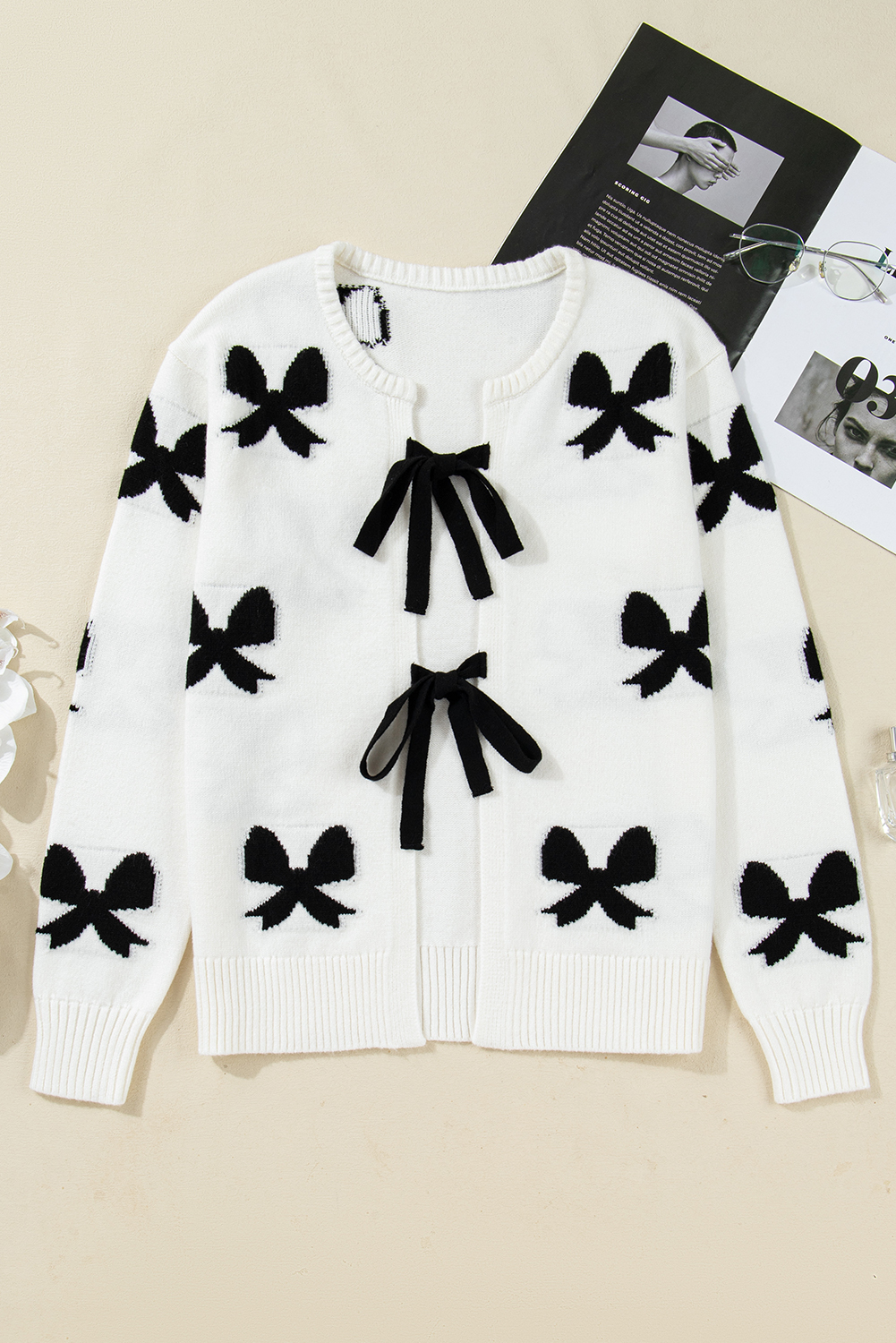 White Lace-up Bow Pattern Sweater Cardigan - loveforevers