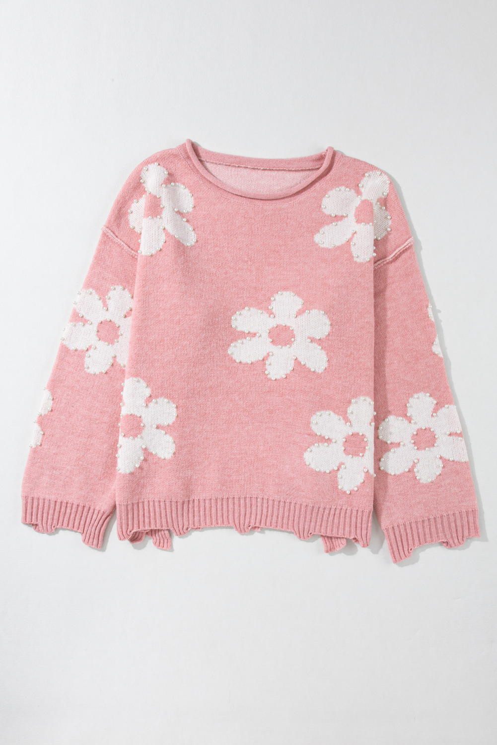 Bonbon Pearl Beaded Heart Drop Shoulder Sweater - loveforevers