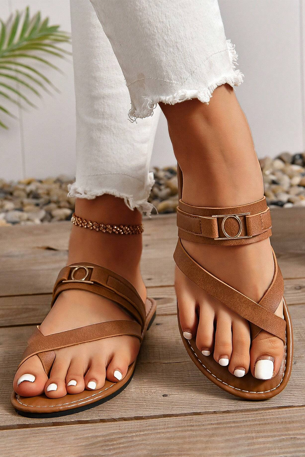 Chestnut Cross Toe Metal Buckle Leathered Flat Slippers - loveforevers