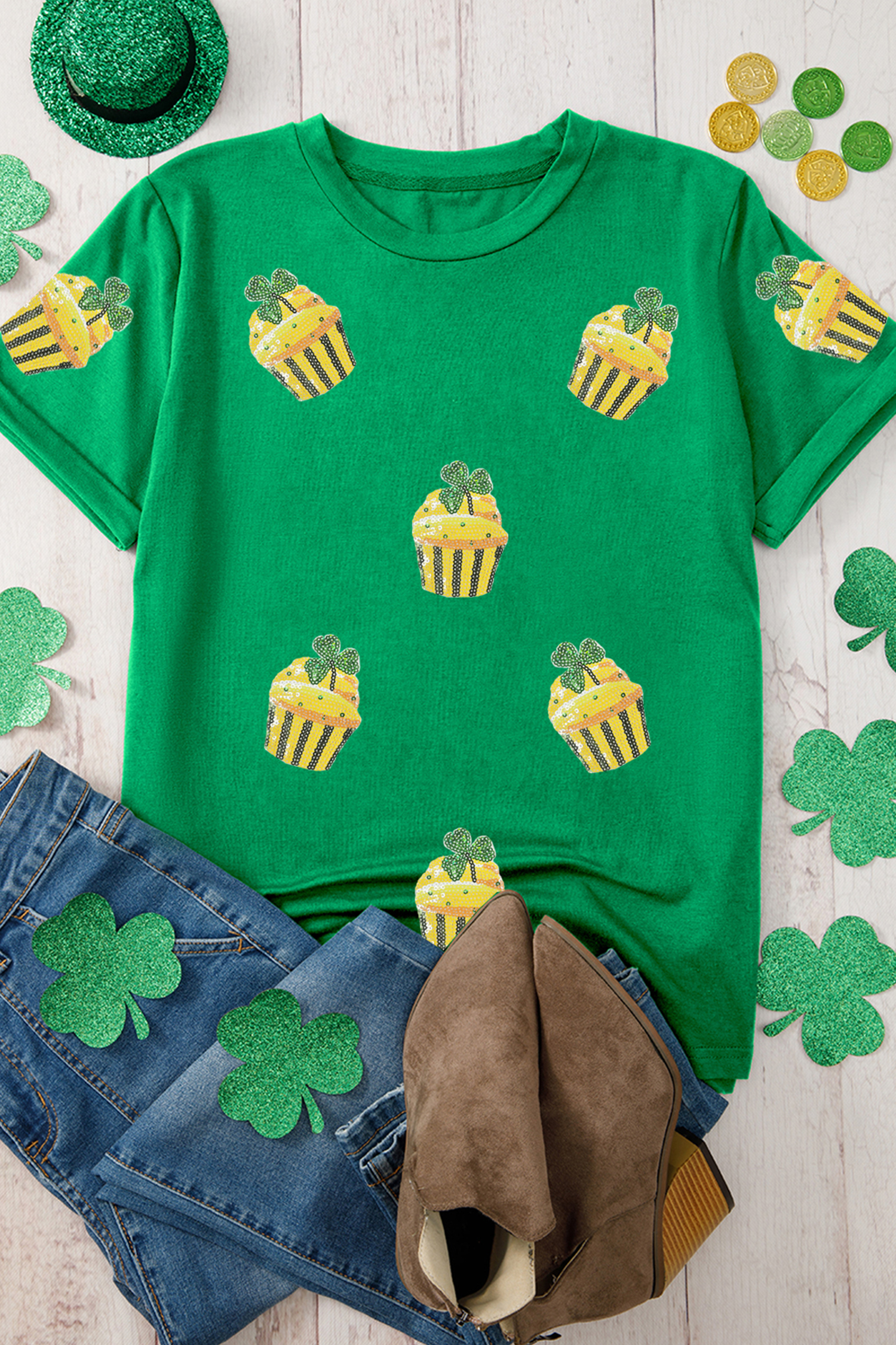 Bright Green St Patricks Day Sequin Cupcake Graphic T Shirt - loveforevers