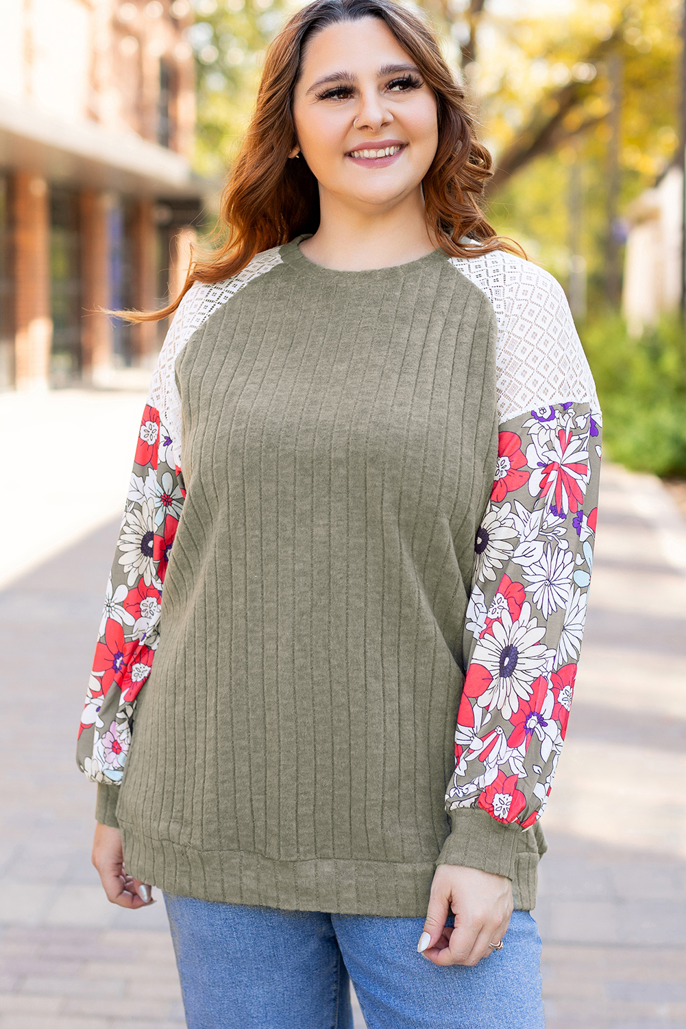 Vineyard Green Plus Size Textured Floral Patchwork Raglan Sleeve Blouse - loveforevers