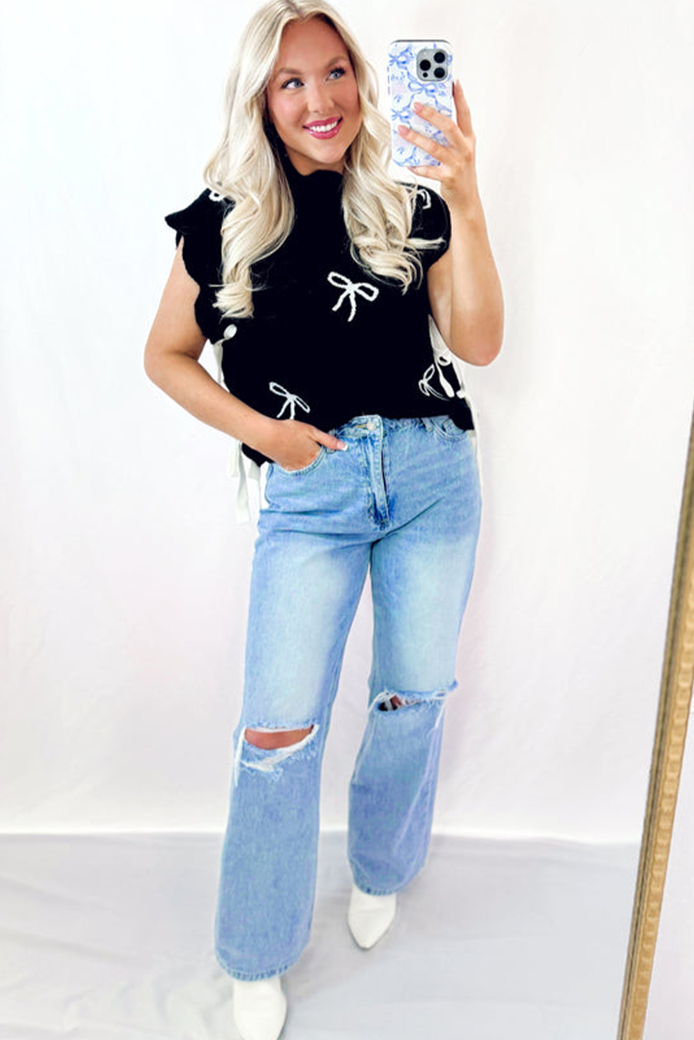 Black Bow Print Side Ties Scalloped Hem Sweater T Shirt - loveforevers