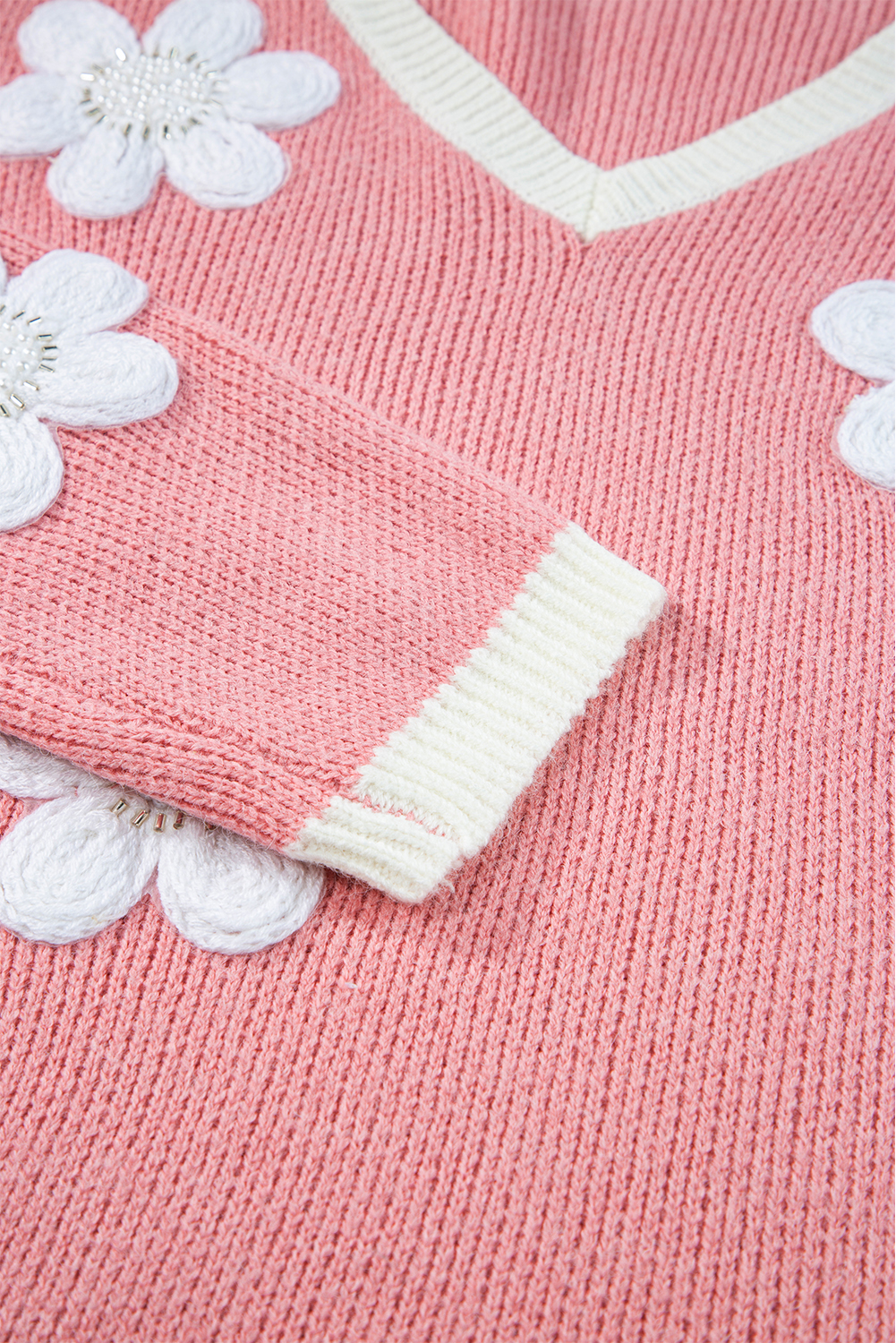 Pink Flower V Neck Dropped Shoulder Sweater - loveforevers