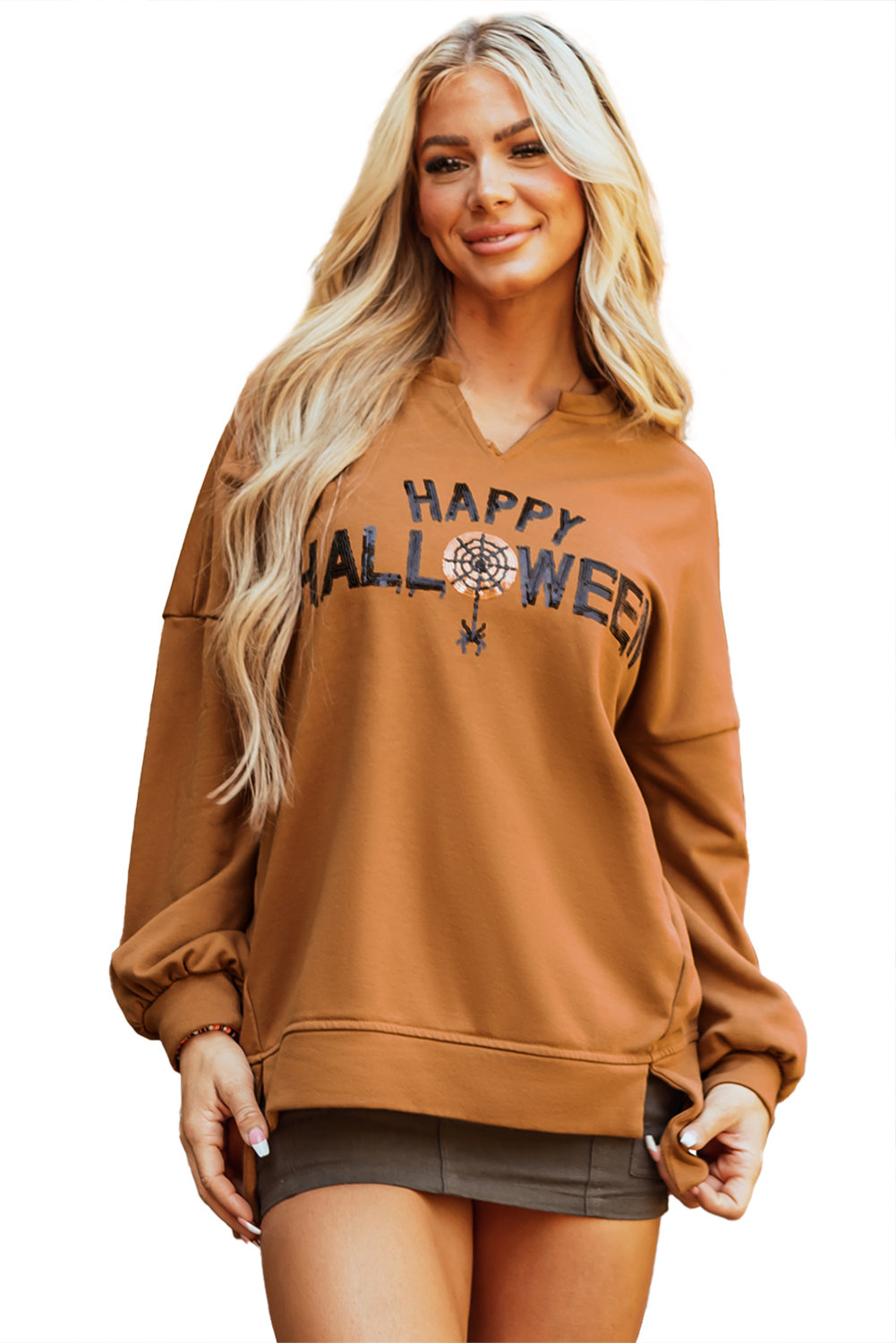 Medium Grey Sequin Happy Halloween Graphic Notched Neck Long Sleeve Loose Top - loveforevers