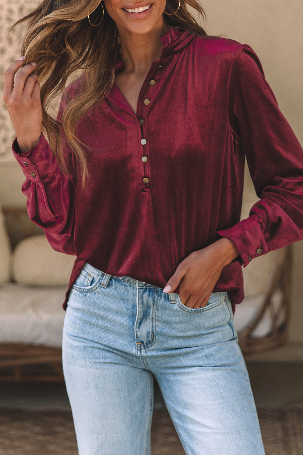 Burgundy Frilled Neck Buttoned Front Velvet Top - loveforevers