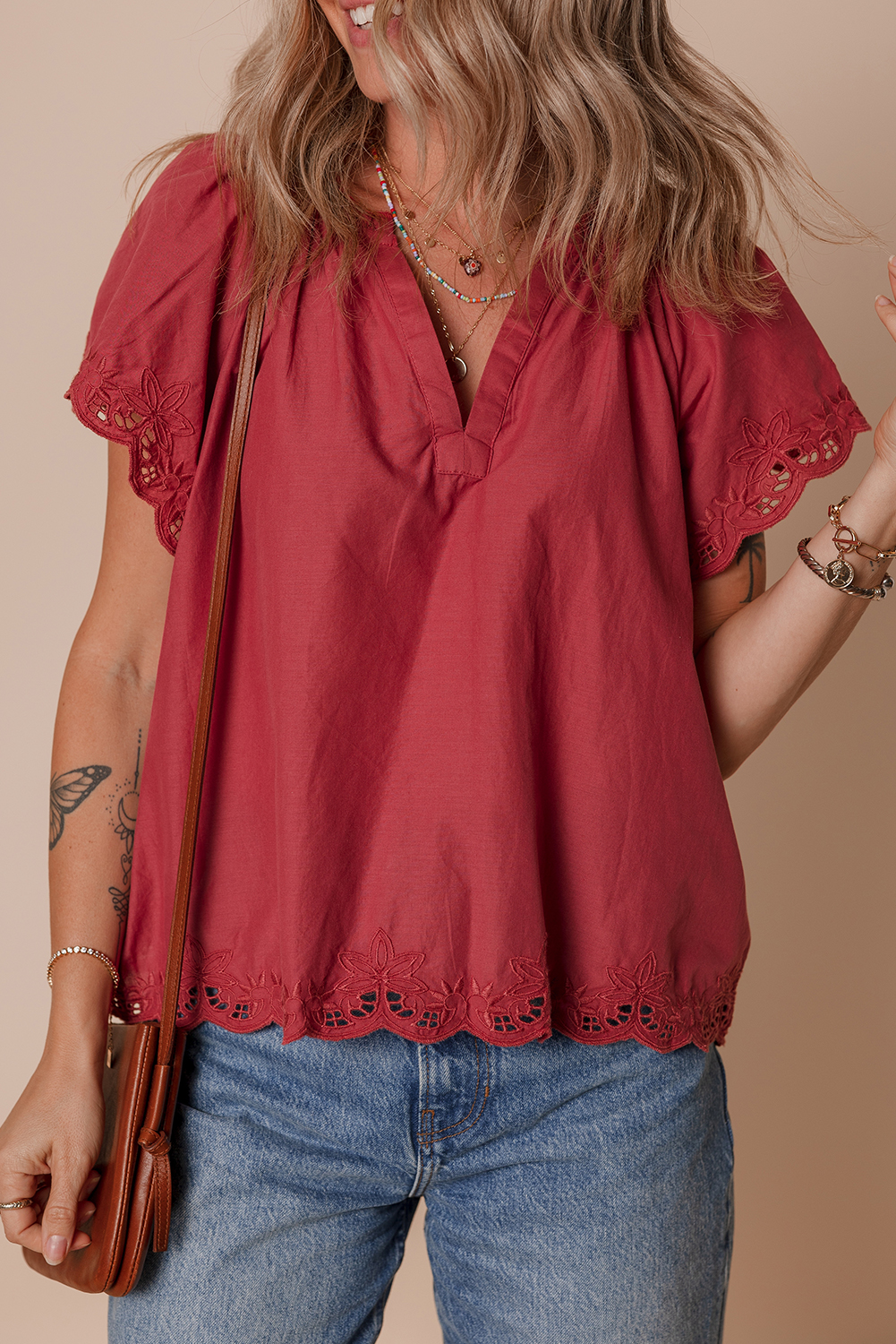 Red Dahlia Floral Embroidered Scallop Trim Short Sleeve V Neck Blouse - loveforevers