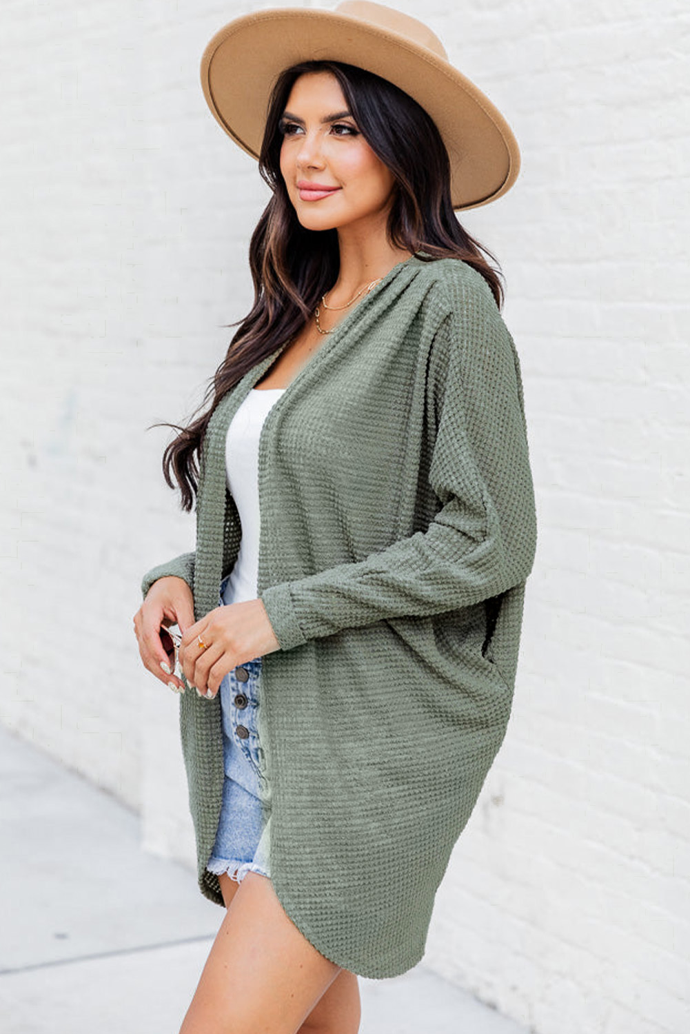 Laurel Green Waffle Knit Open Front Cardigan - loveforevers