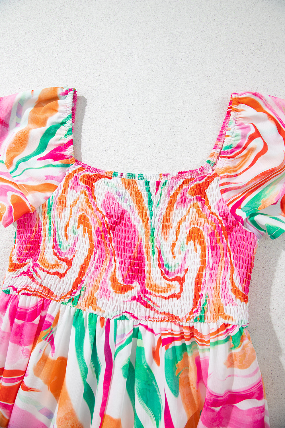 Pink Abstract Print Ruffled Sleeve Smocked Bust Maxi Dress - loveforevers