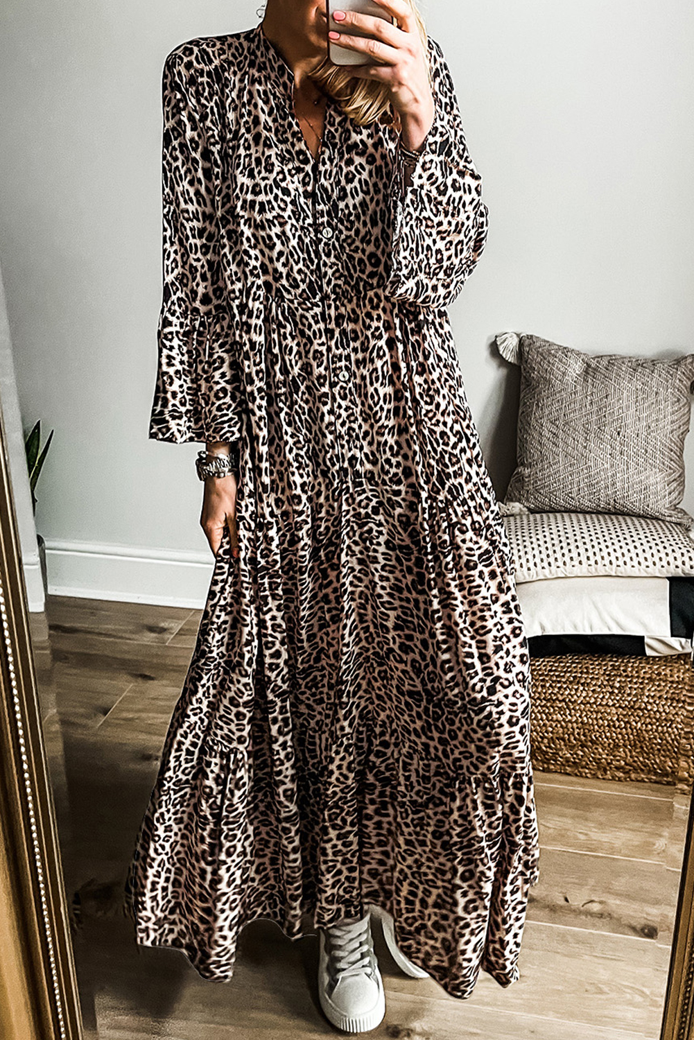 Apricot Leopard Print Tiered Wide Sleeve Maxi Dress - loveforevers
