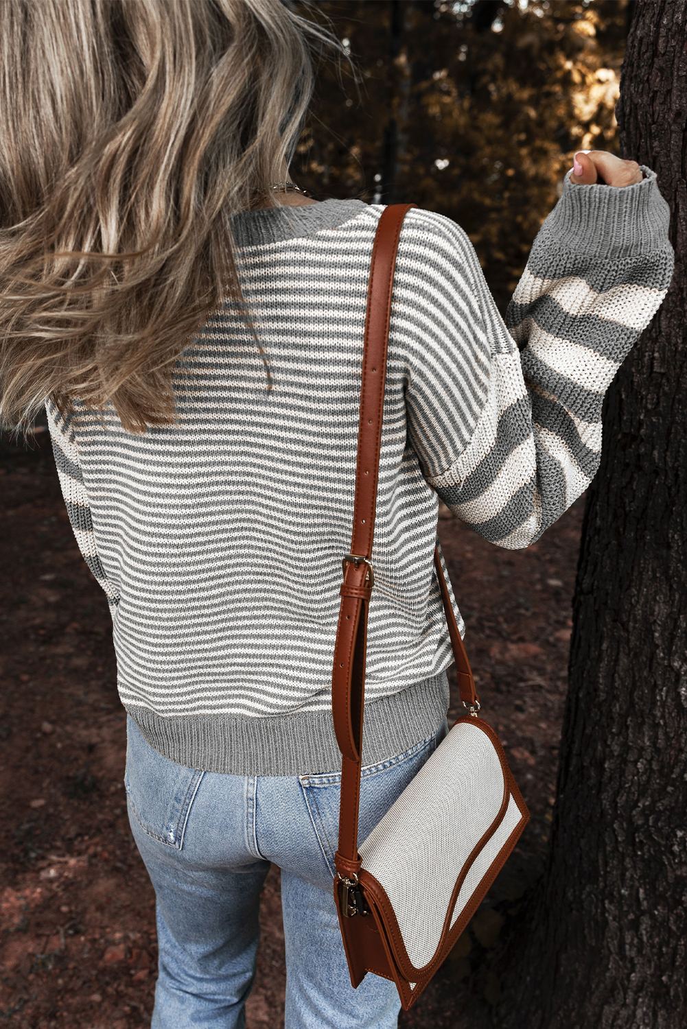 Gray Stripe Geometric Textured Drop Shoulder Sweater - loveforevers