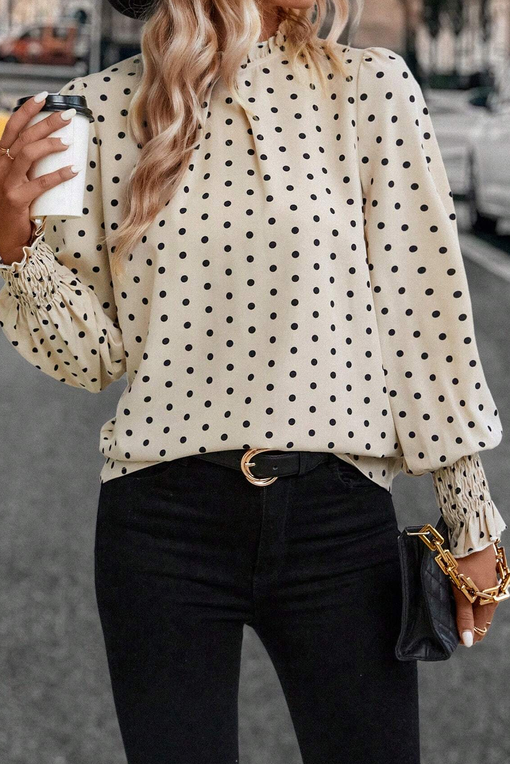Apricot Polka Dot Print Frilled Collar Lantern Sleeve Blouse - loveforevers