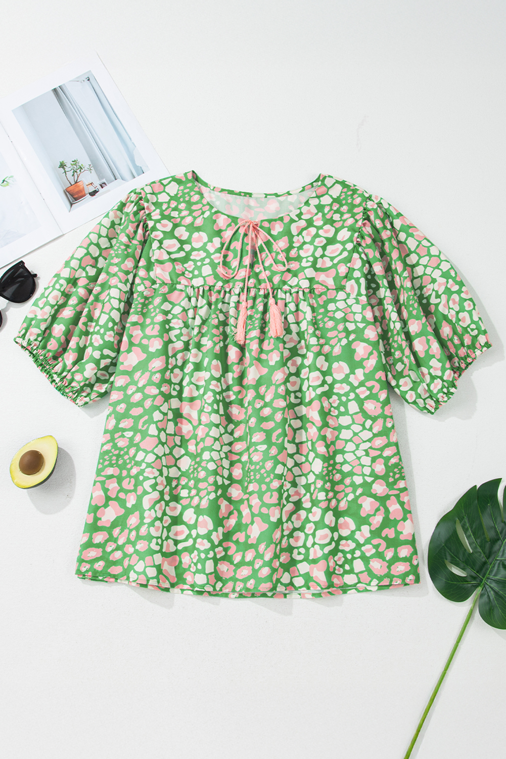 Green Abstract Leopard Tied Front Flutter Sleeve Blouse - loveforevers
