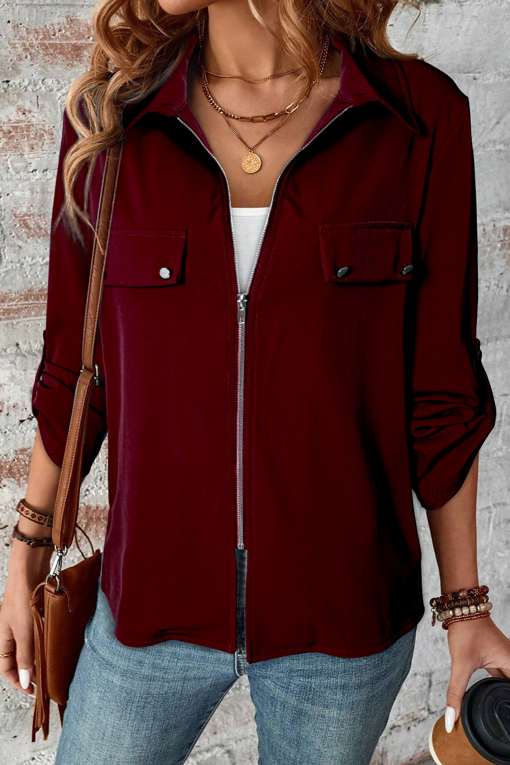 Red Dahlia Collar Tab Sleeve Zip Up Flap Detail Jacket - loveforevers
