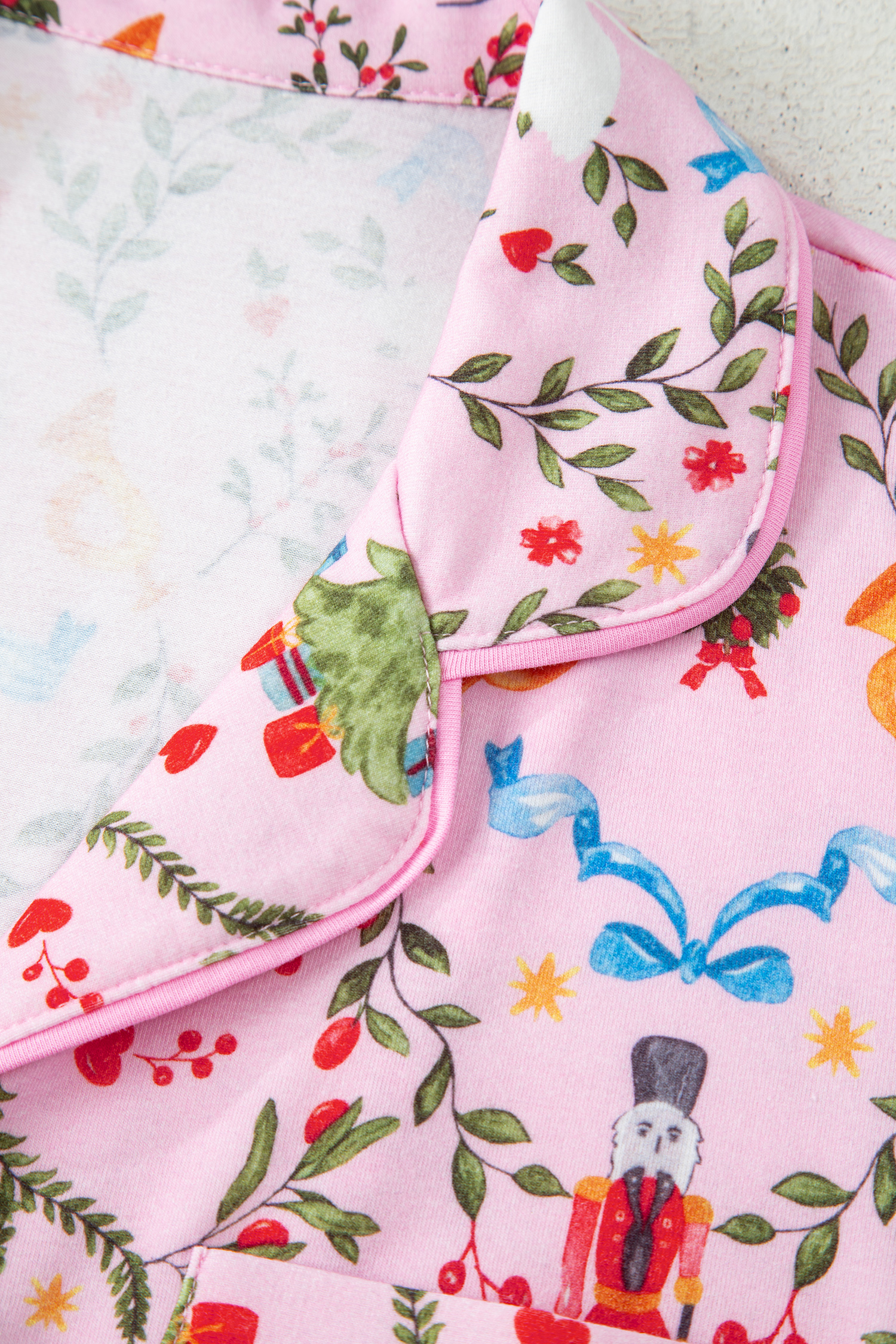 Pink Nutcracker Doll Christmas Print Ribbon Tie Waist Short 2pcs Pajama Set - loveforevers